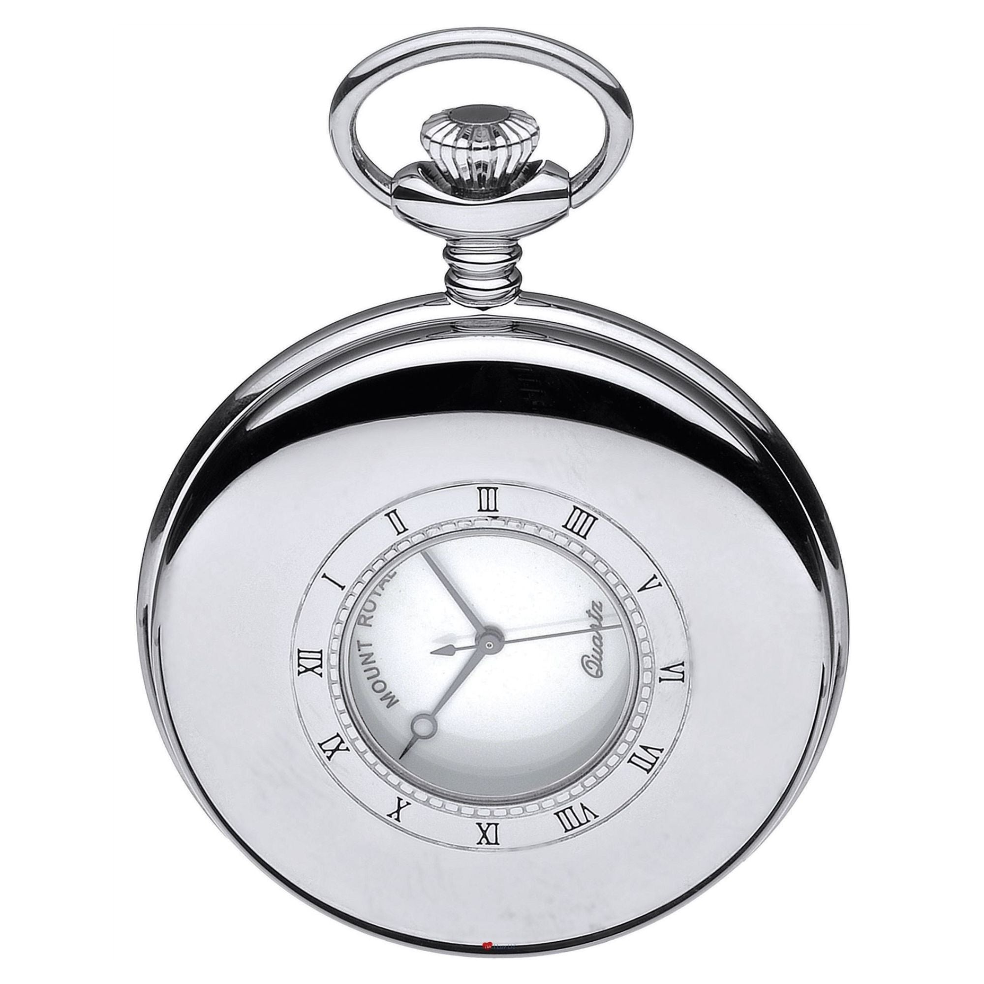 Silver pocket watch with white face and Roman numerals on a white background