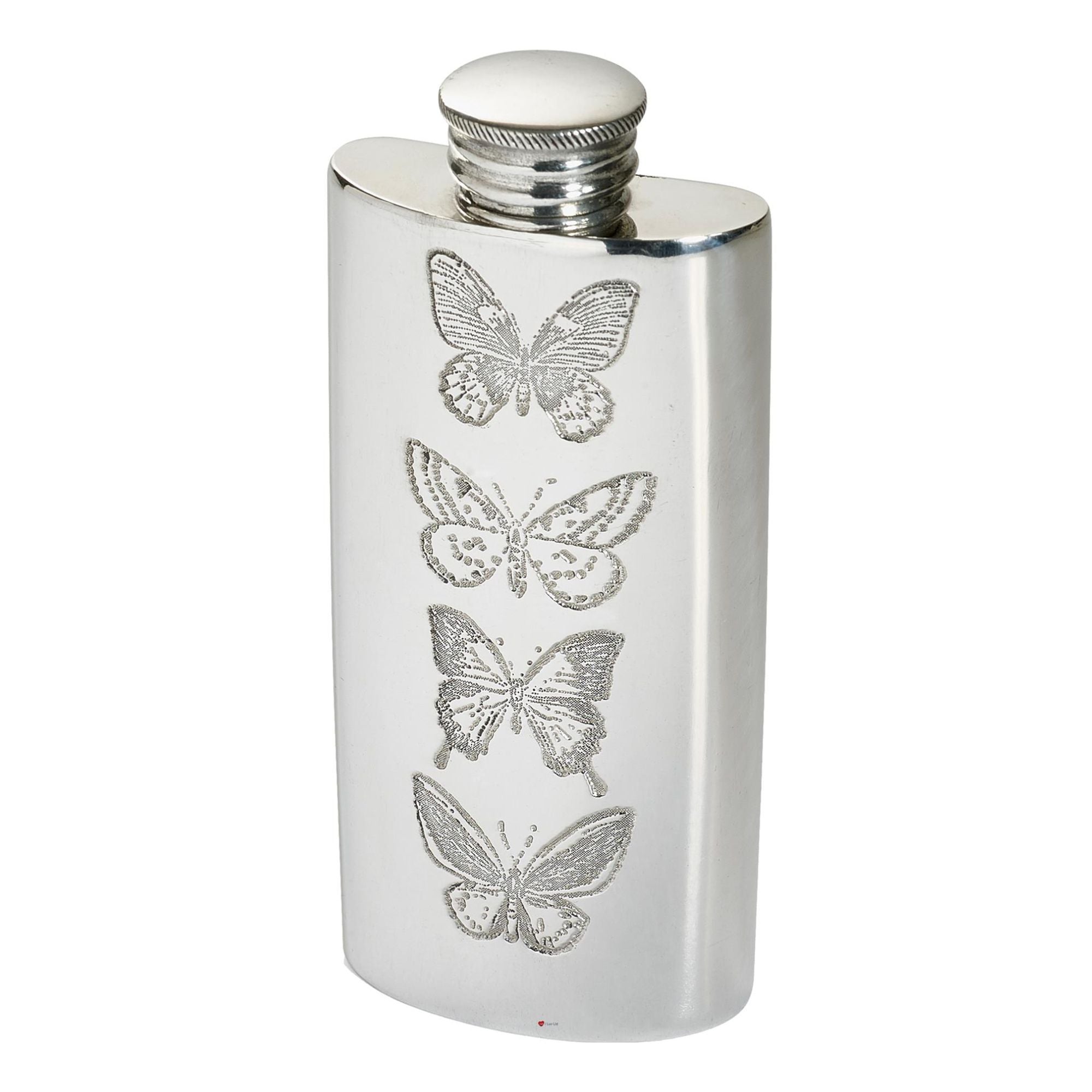Silver flask with butterfly designs on a white background