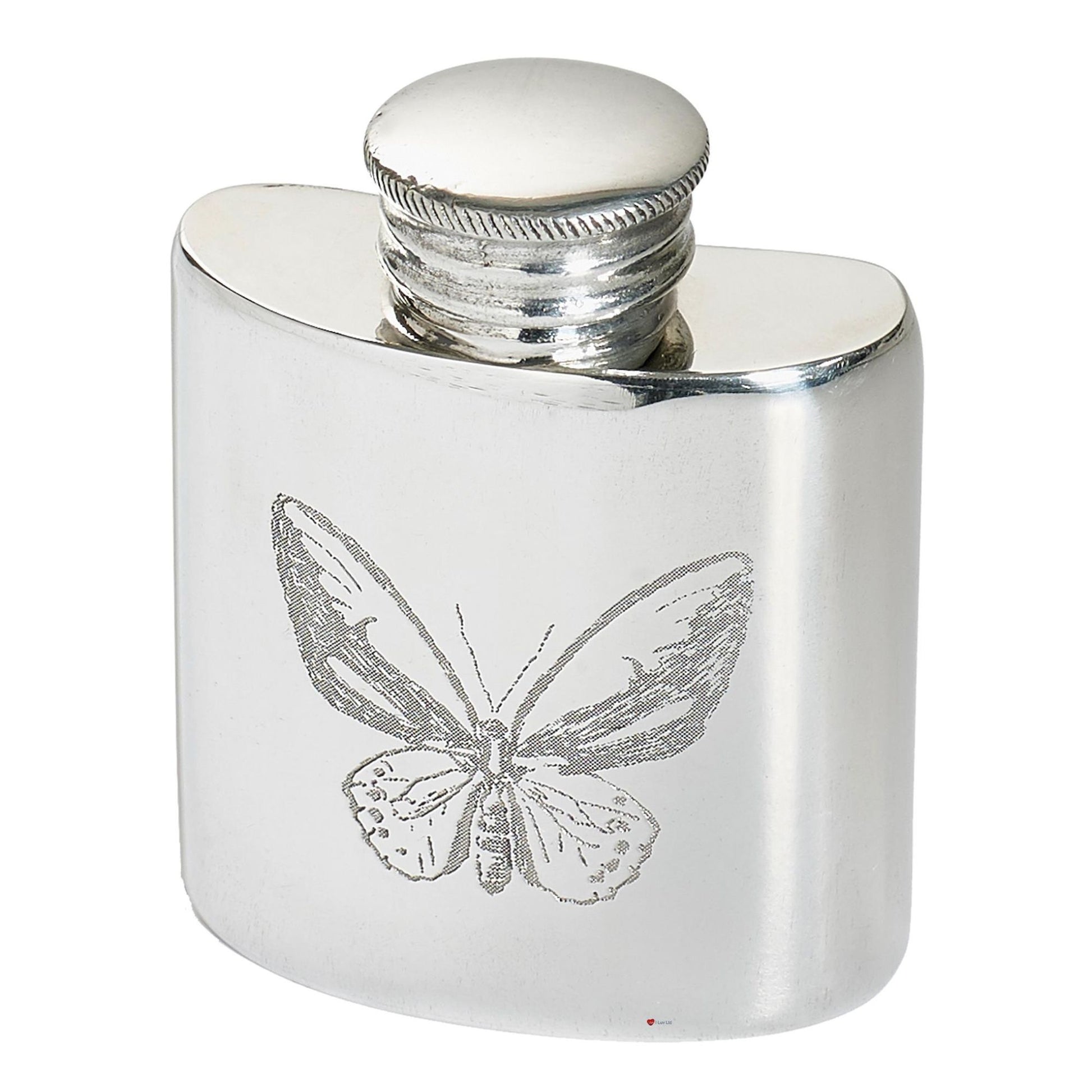 Silver hip flask with butterfly engraving on a white background