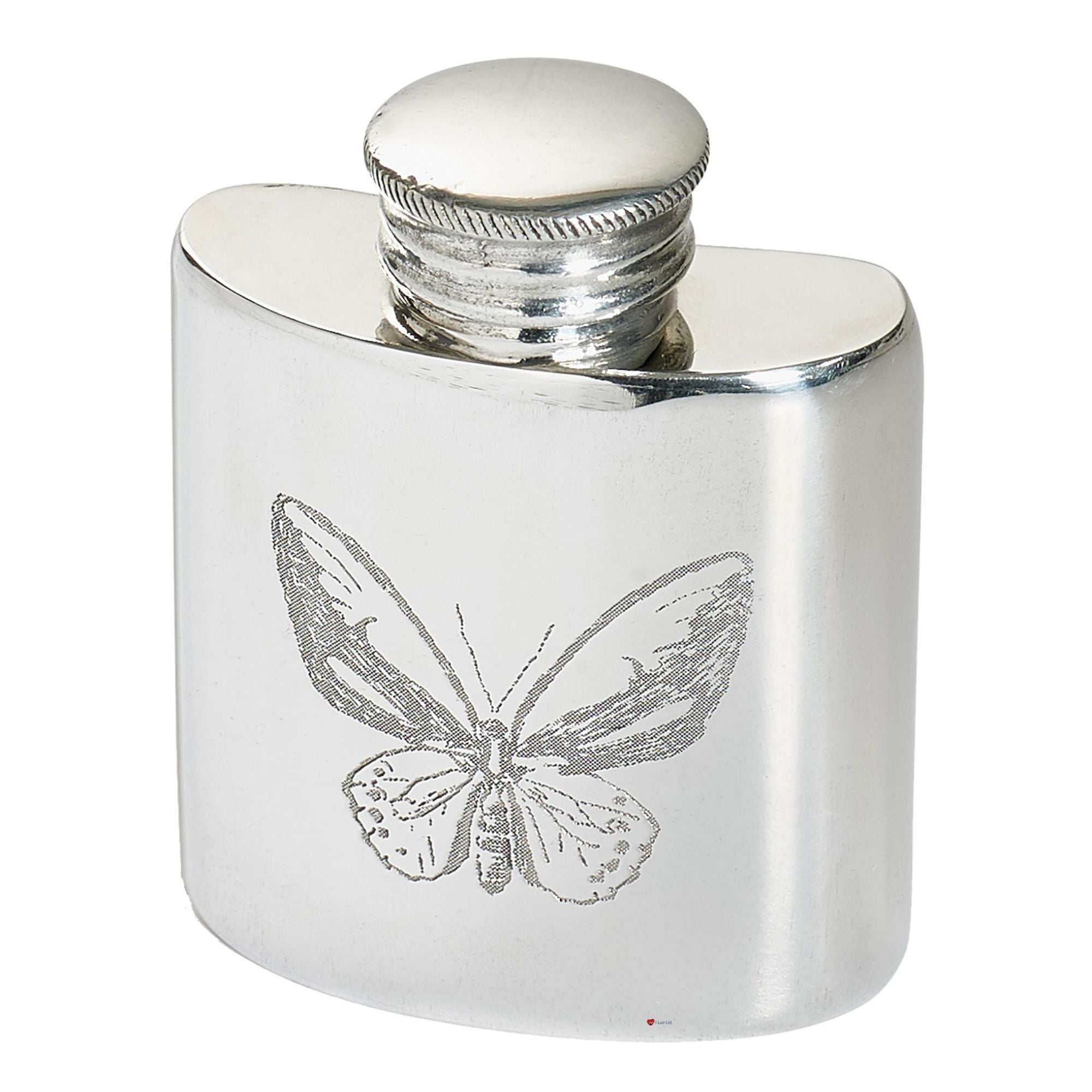 Silver hip flask with butterfly engraving on a white background