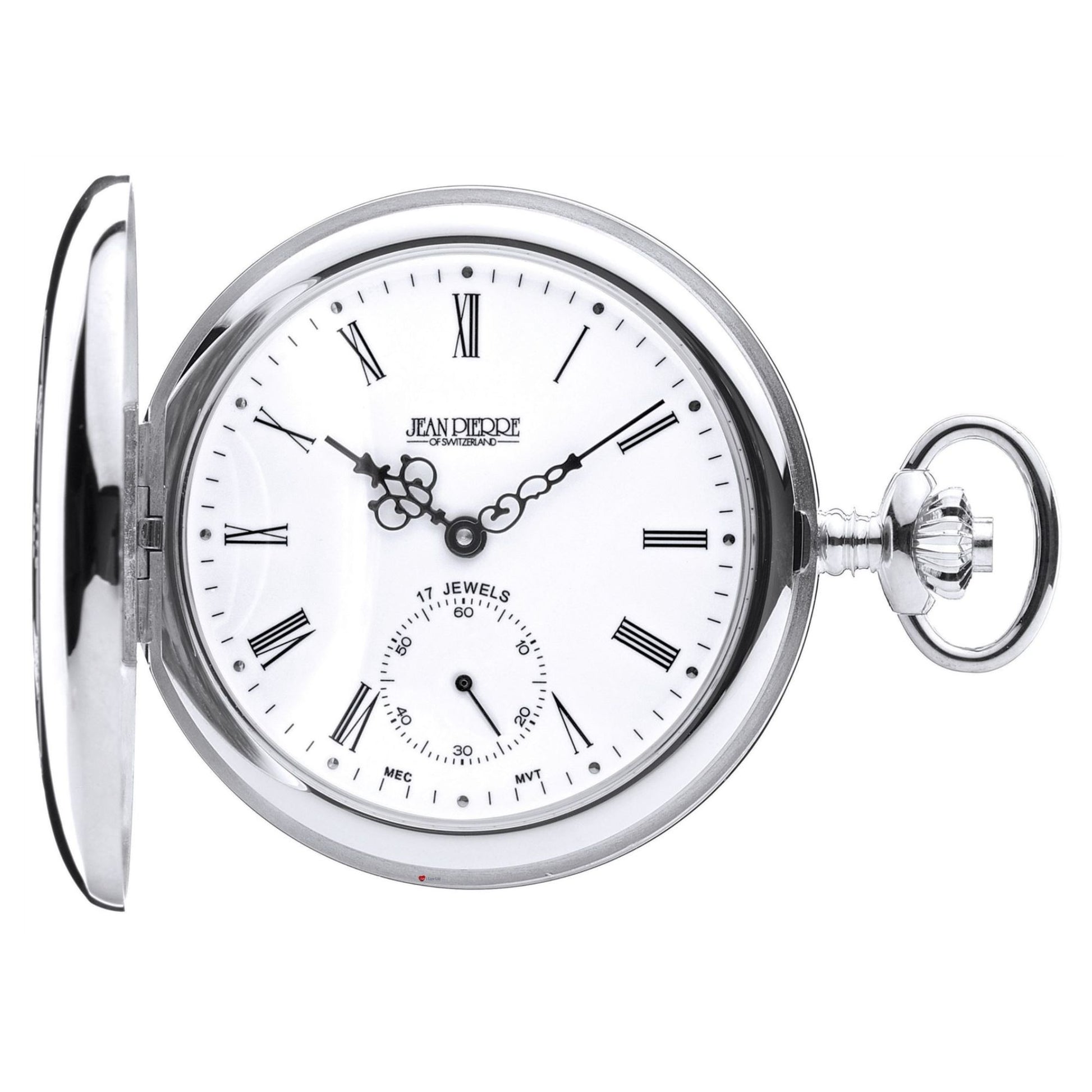 Silver pocket watch with white face and 'Jean Desprez' branding on a white background