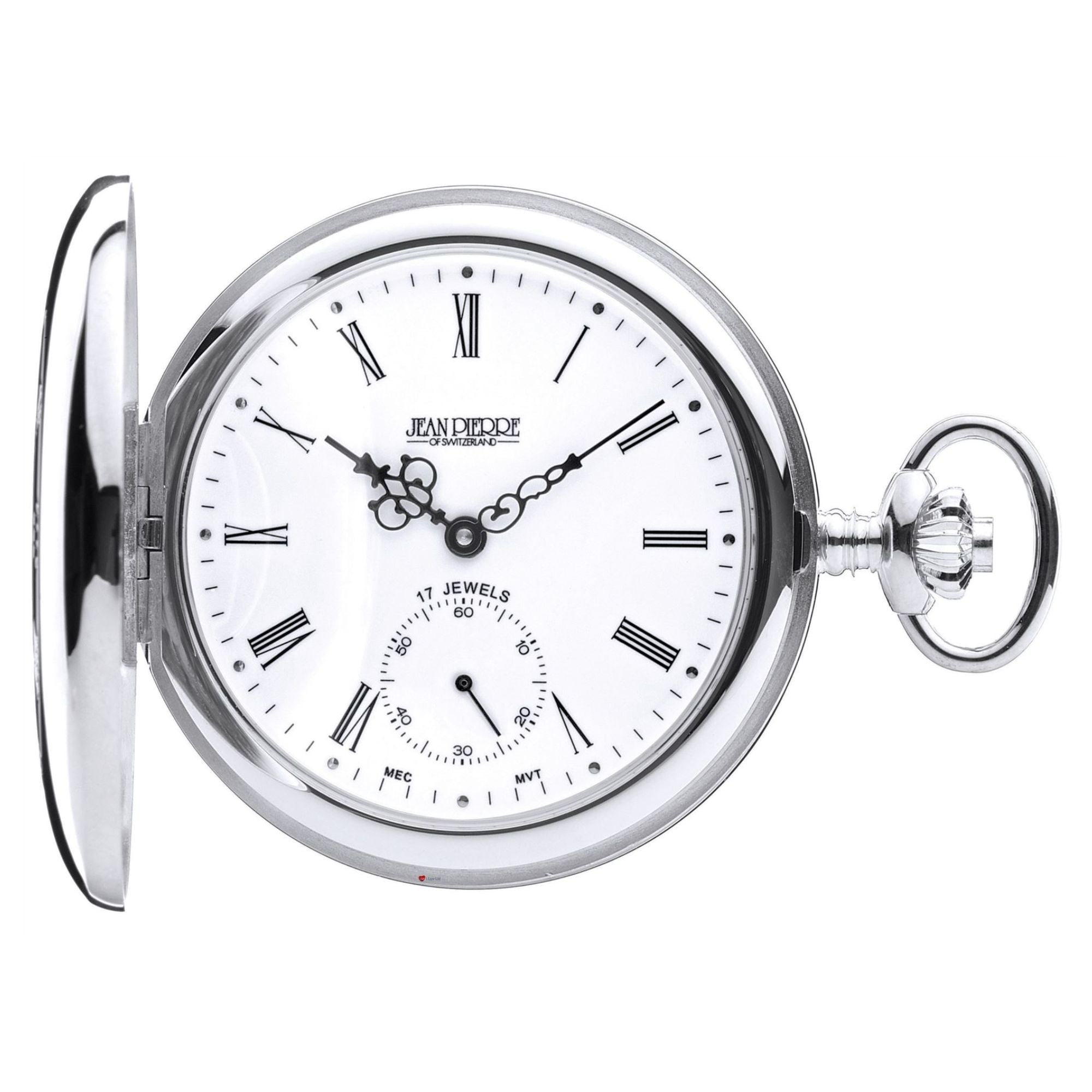Silver pocket watch with white face and 'Jean Desprez' branding on a white background