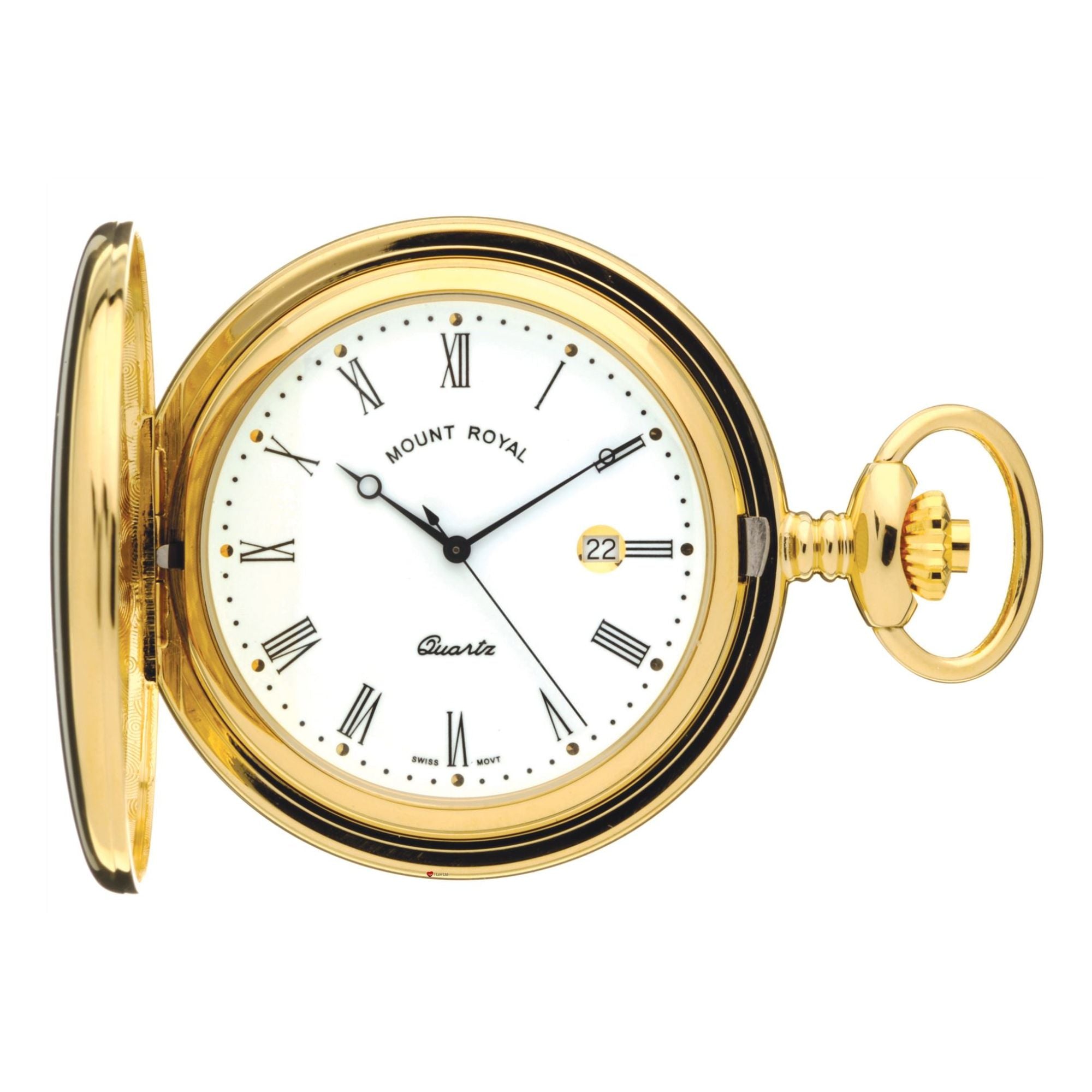 Gold pocket watch with white face and Roman numerals on a white background