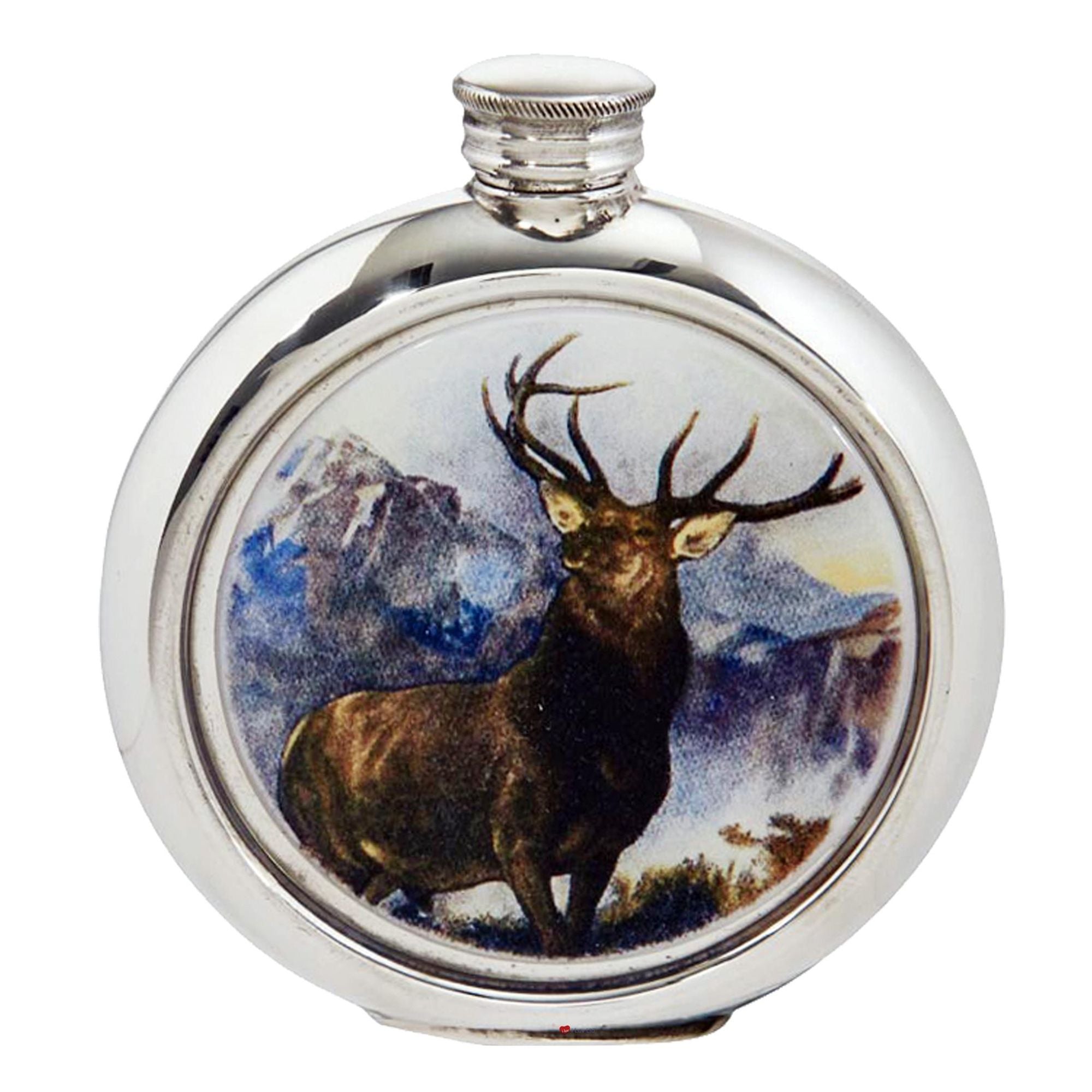 Silver flask with a deer and mountain design on a white background