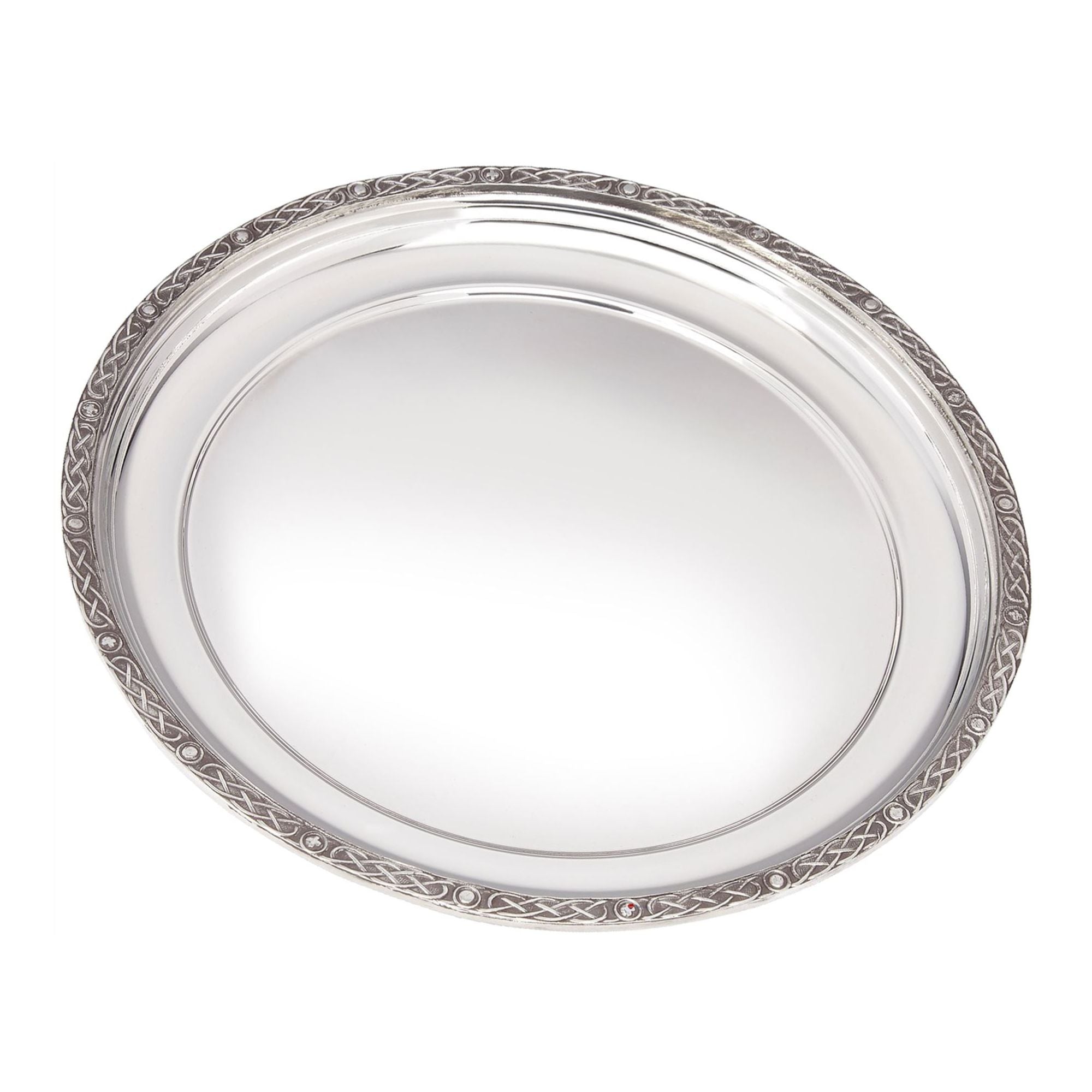 Silver decorative tray with intricate border on a white background