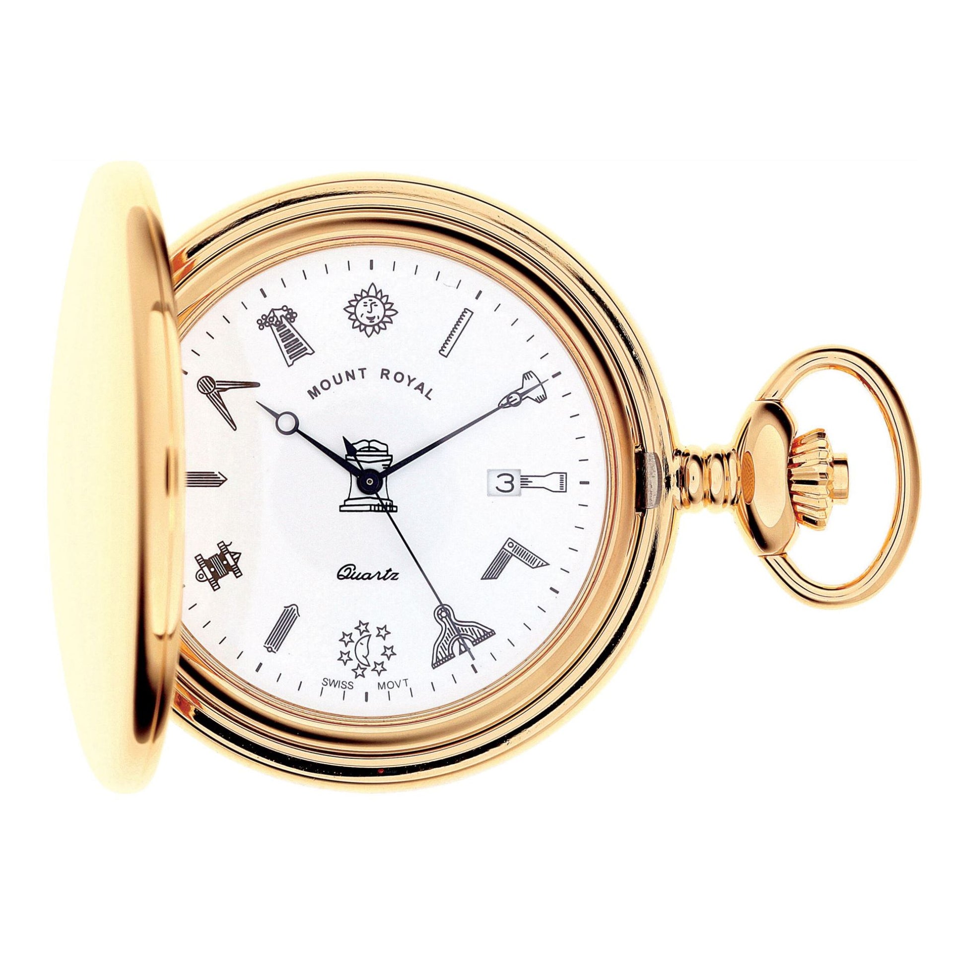 Gold pocket watch with white face on a white background