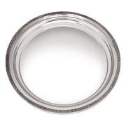 Silver round tray with intricate detailing on a white background