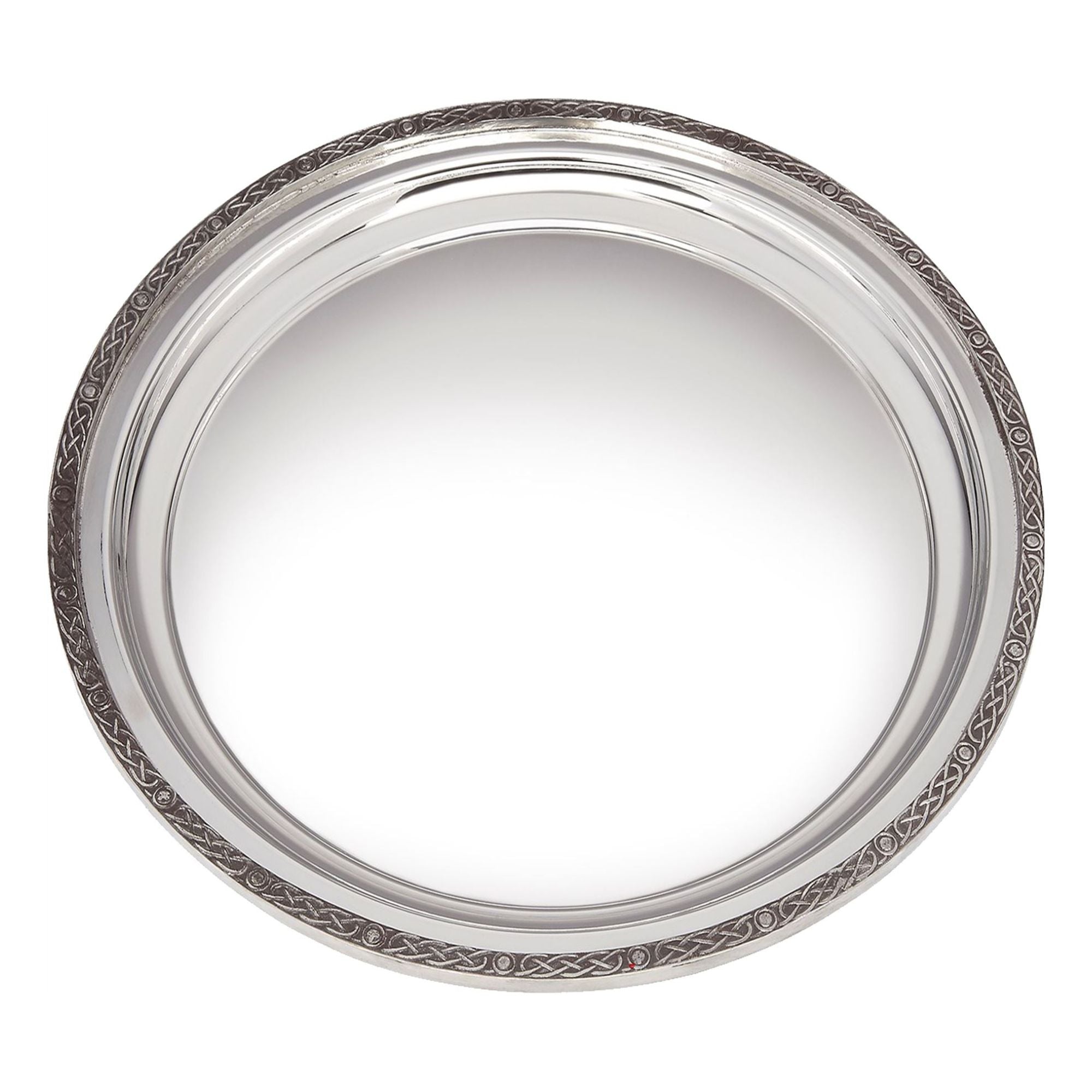 Silver round tray with intricate detailing on a white background