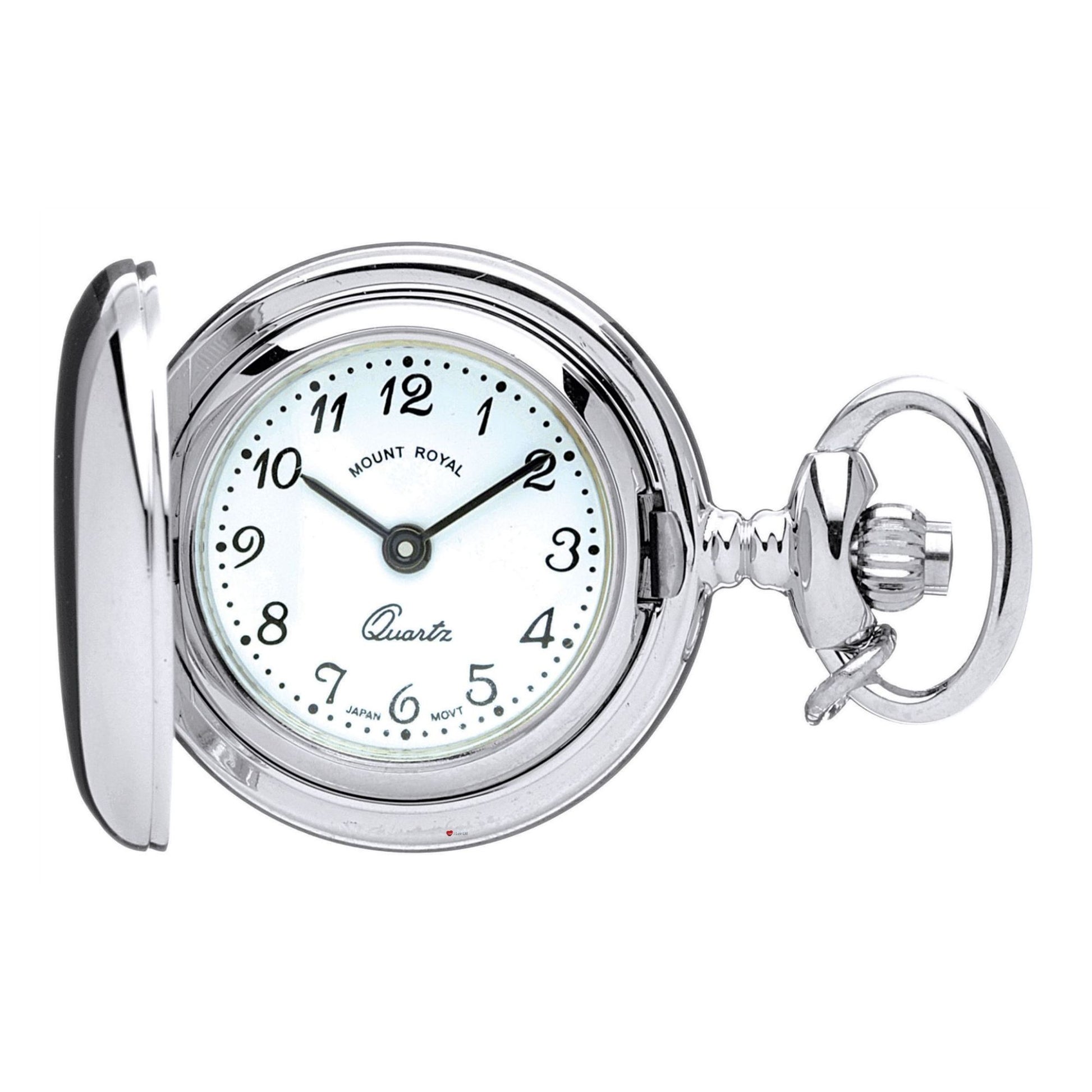 Silver pocket watch with white face on a white background