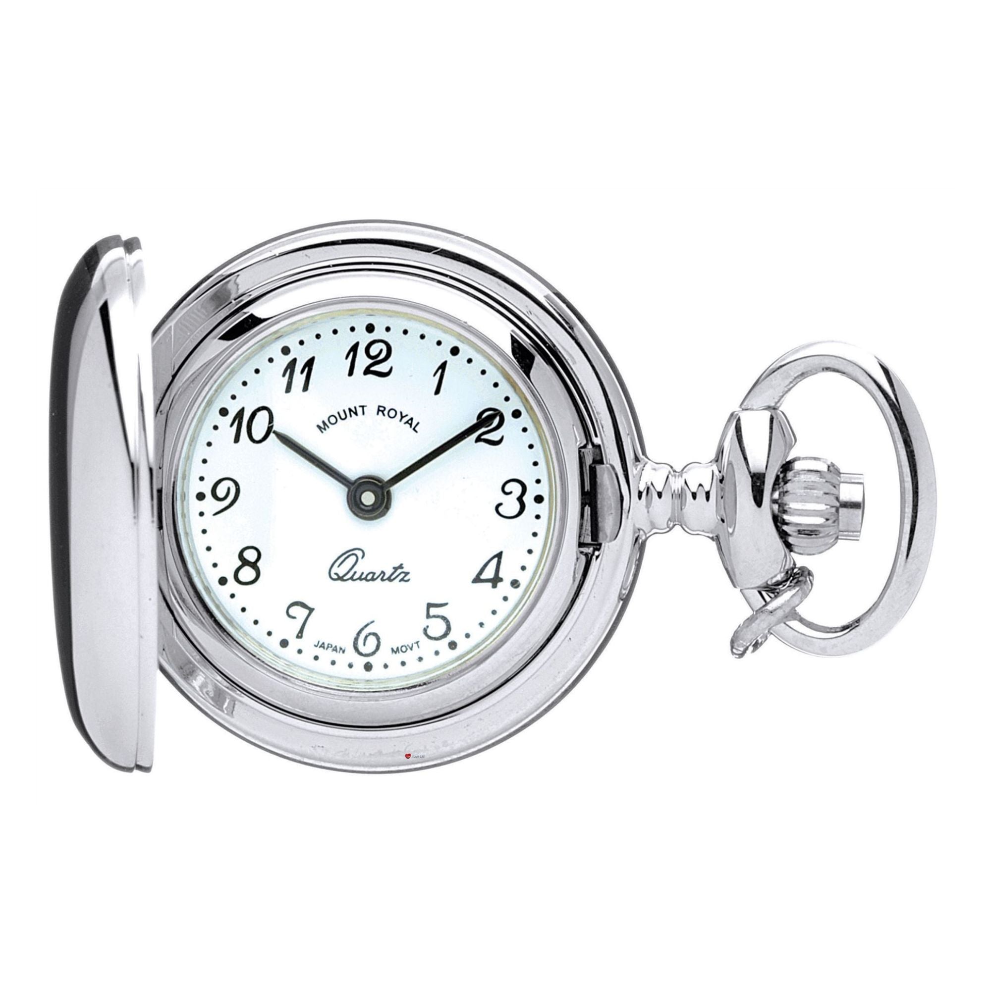 Silver pocket watch with white face on a white background
