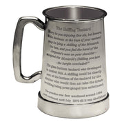 Metal tankard with engraved text on a white background