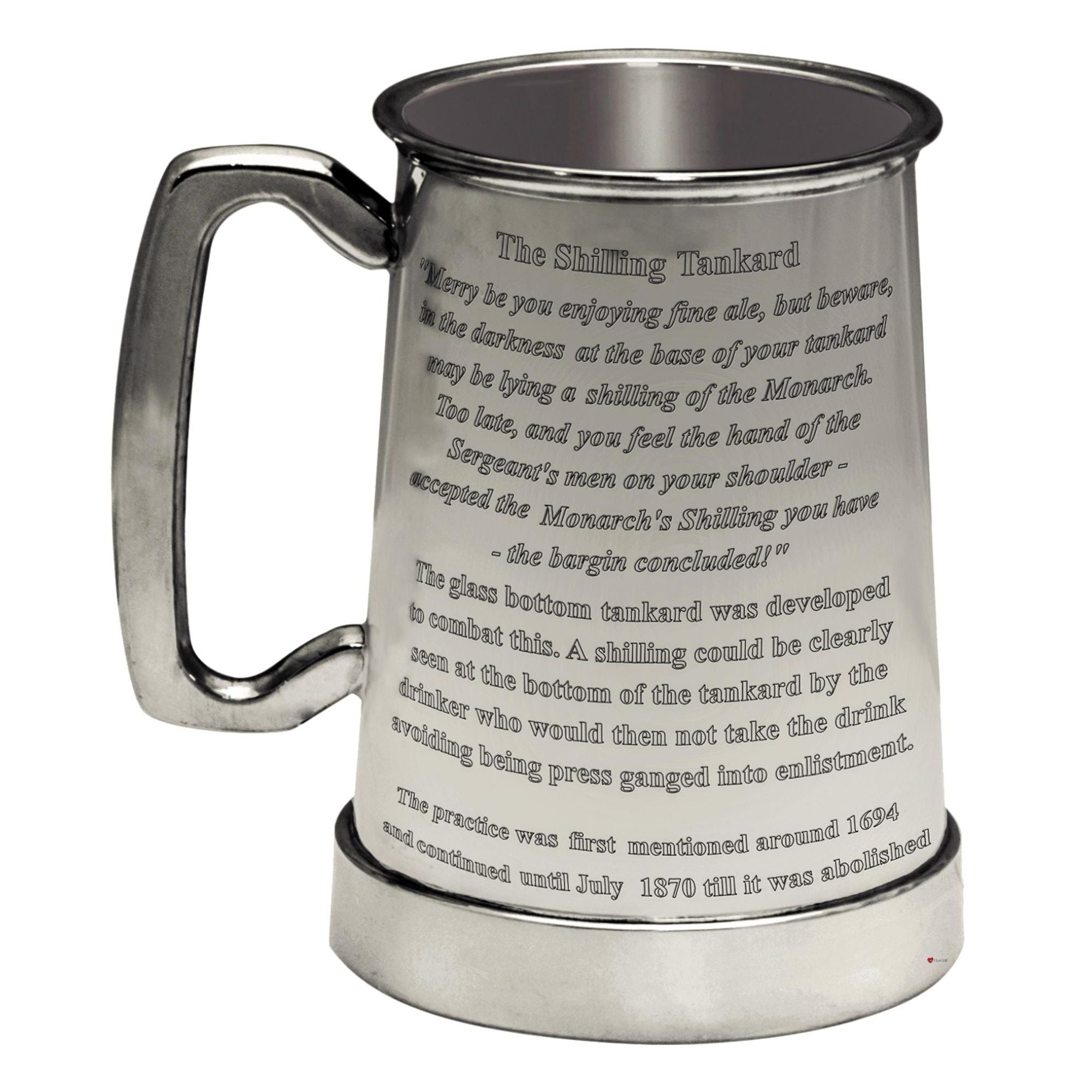 Metal tankard with engraved text on a white background