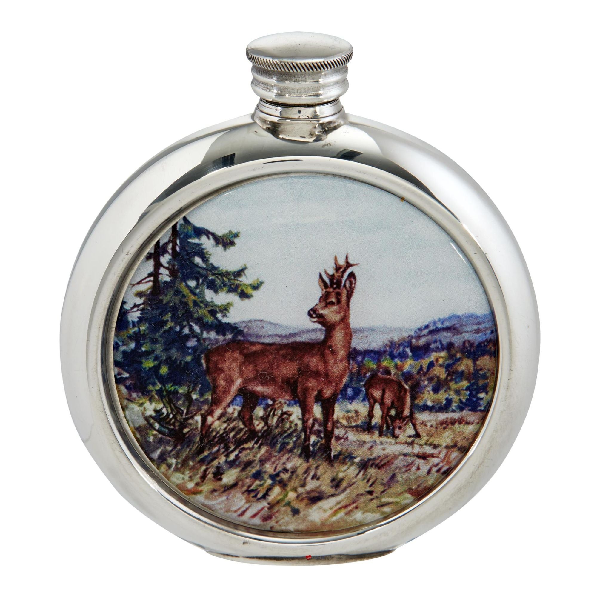 Round silver flask with deer design on a white background