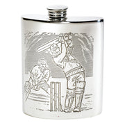 Silver flask with cricket-themed engraving on a white background