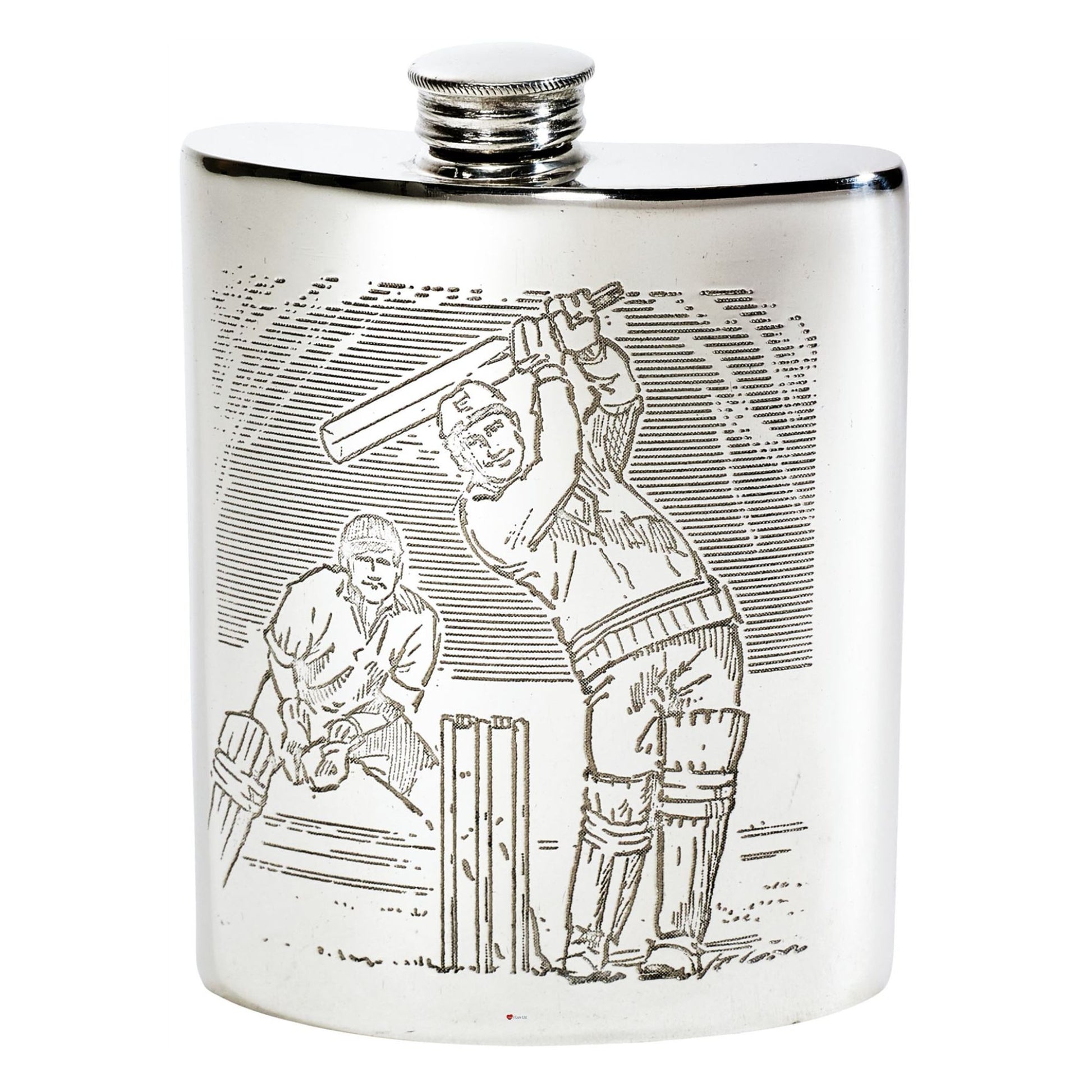 Silver flask with cricket-themed engraving on a white background