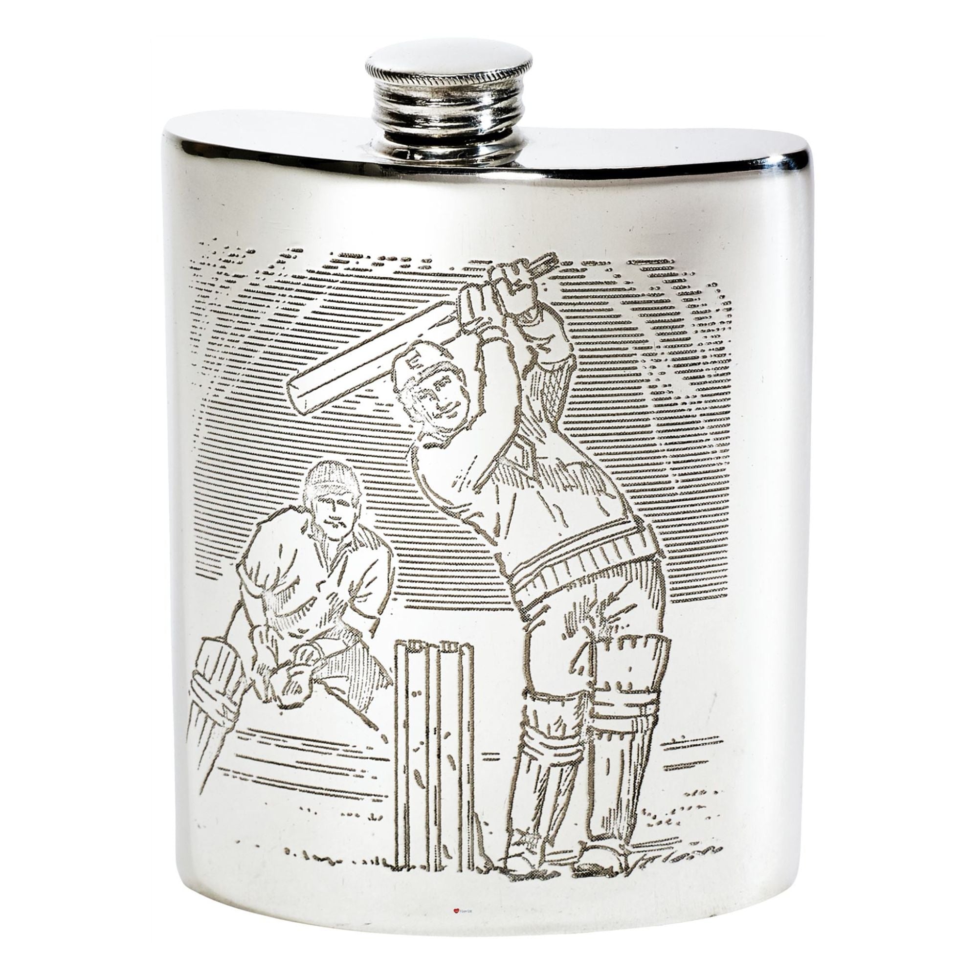 Silver flask with cricket-themed engraving on a white background