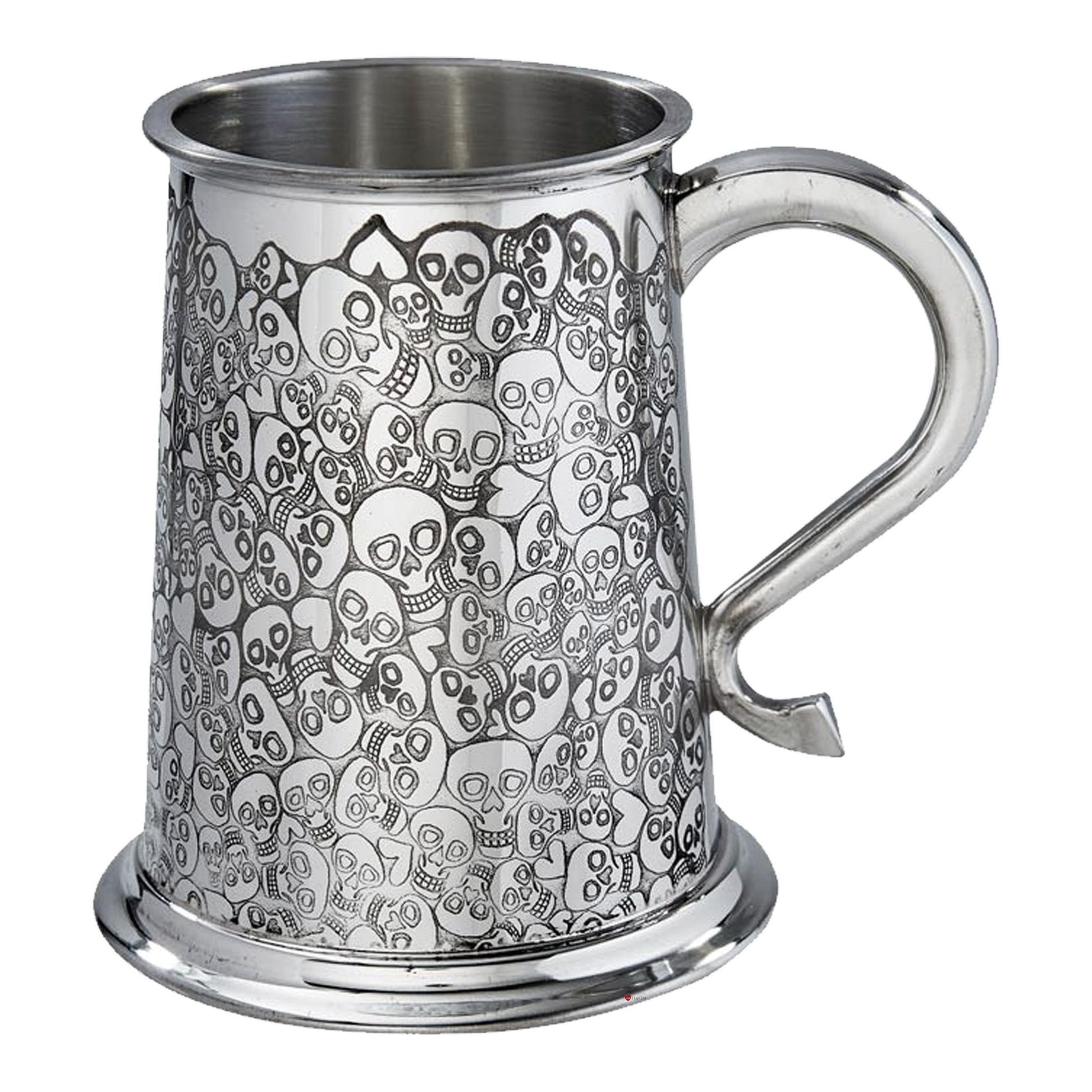 Metal mug with skull pattern on a white background