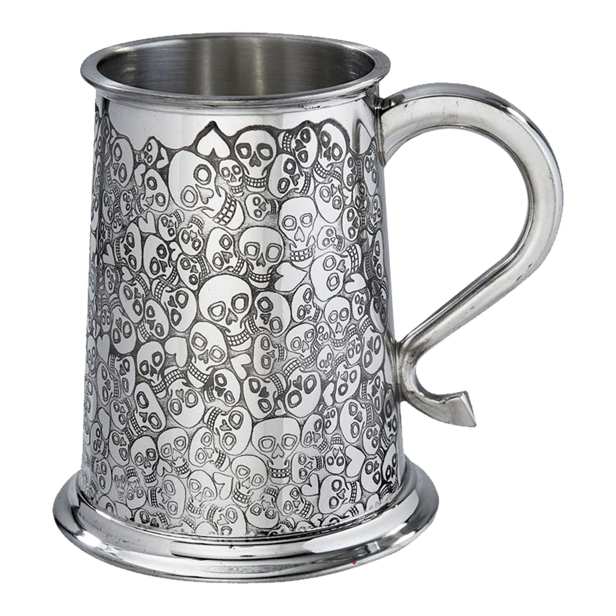 Metal mug with skull pattern on a white background