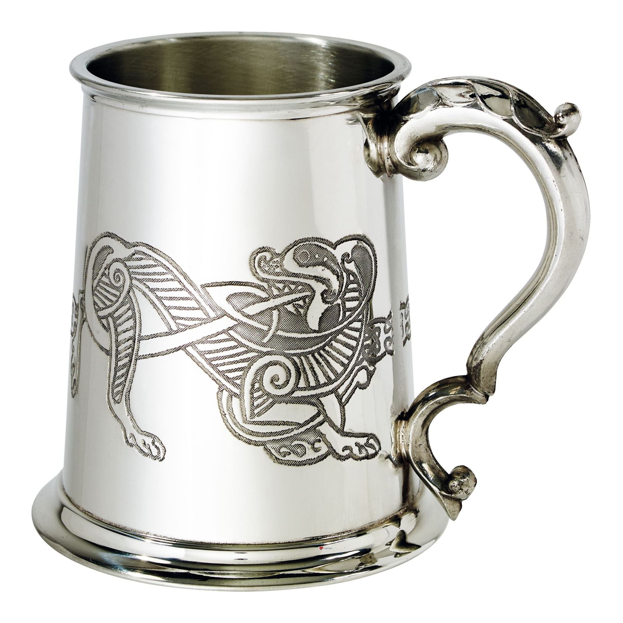 1 Pint Pewter Tankard With Celtic Lion Design Scroll Handle