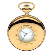 Gold pocket watch with white face and Roman numerals on a white background