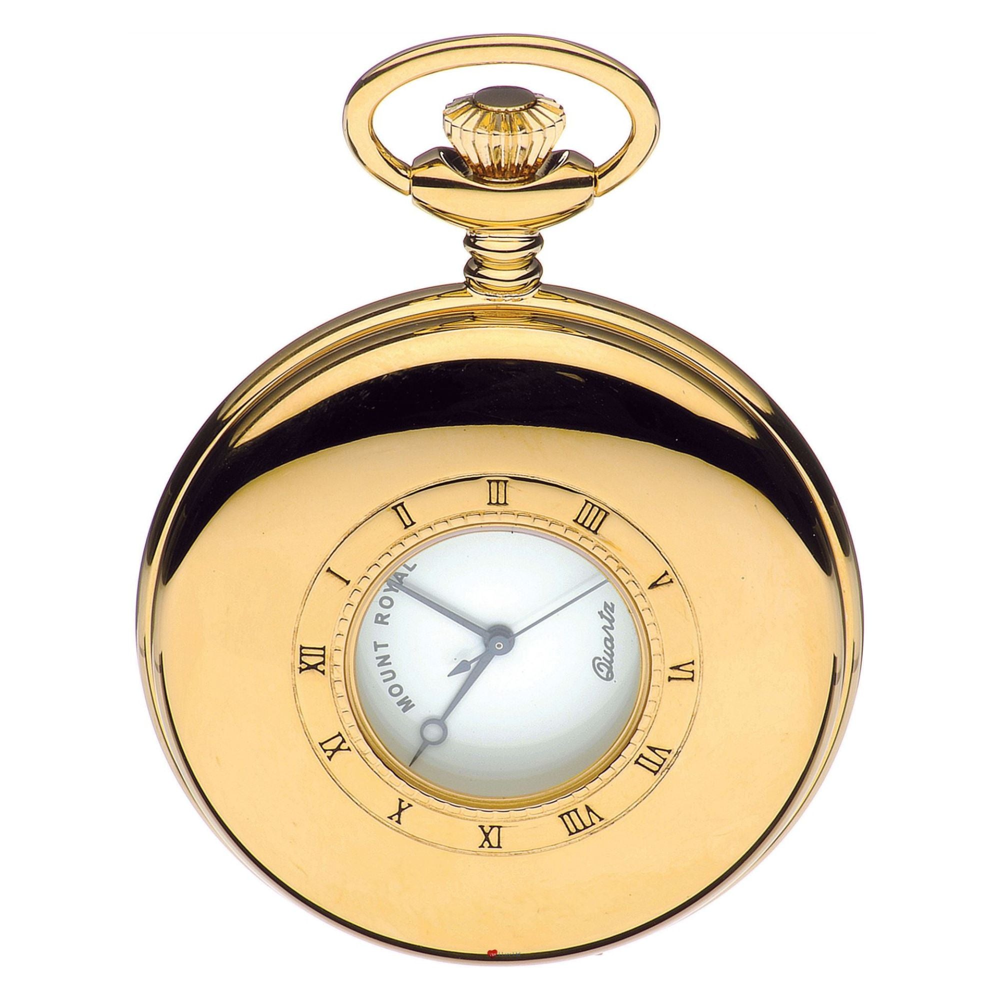 Gold pocket watch with white face and Roman numerals on a white background