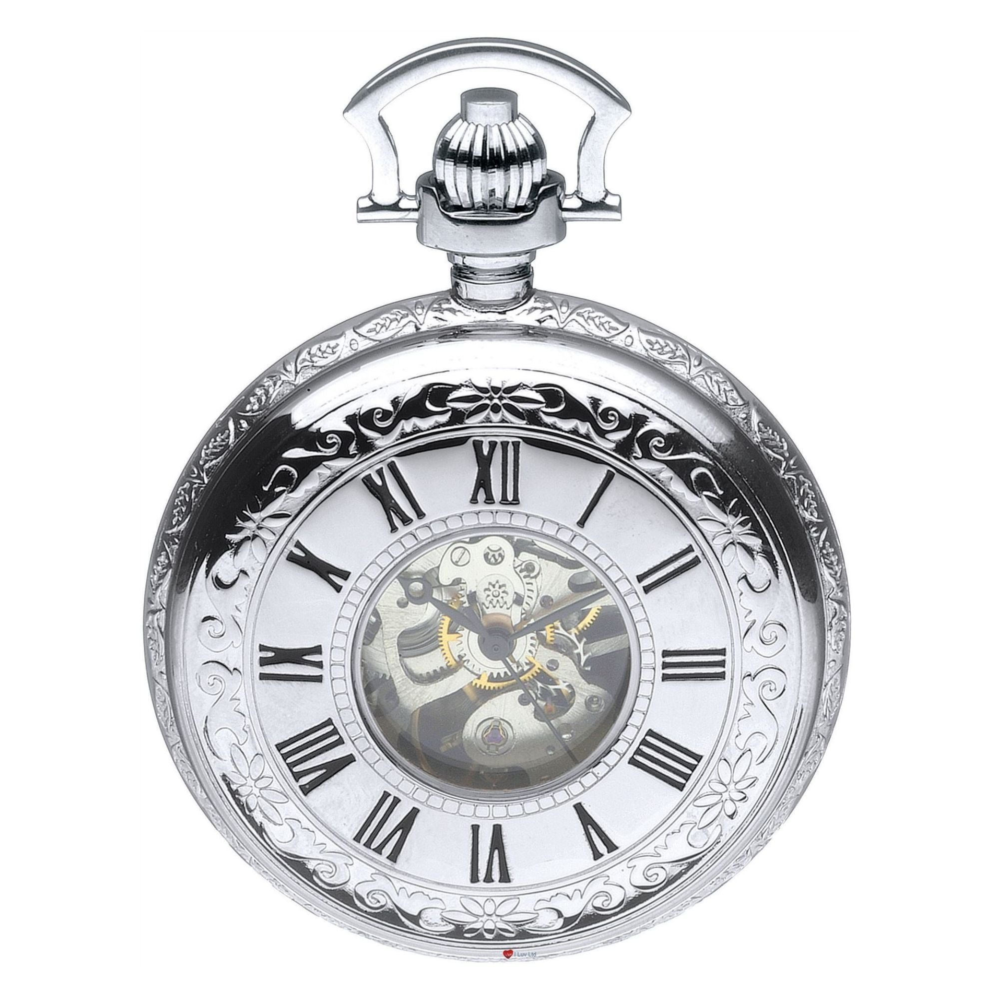 Skeleton Pocket Watch Double Half Hunter Chrome Plated Very Detailed 17 Jewel