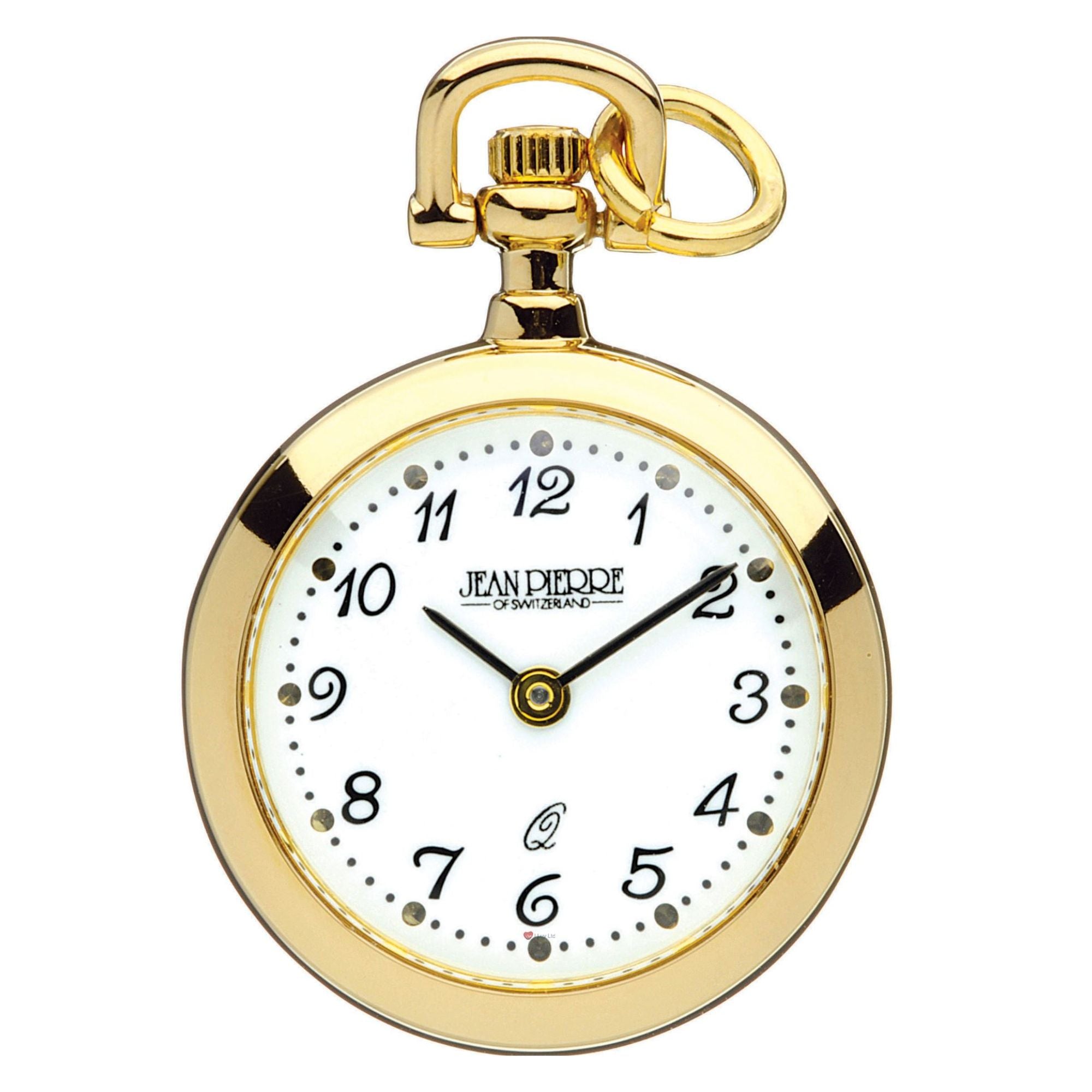 Gold pocket watch with white face on a white background