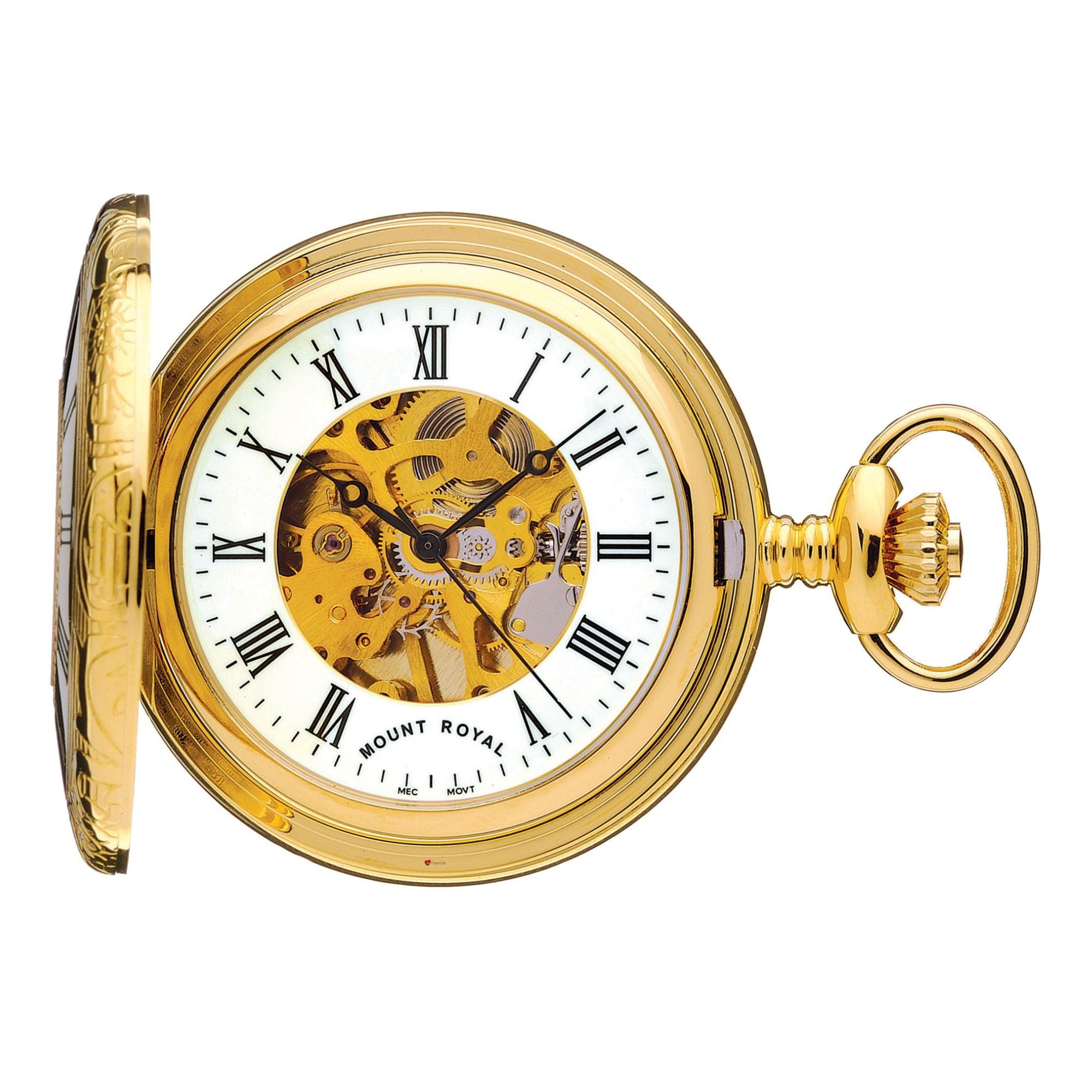 Half Hunter Skeleton Pocket Watch Gold Plated Polished Back 17 Jewel Movement