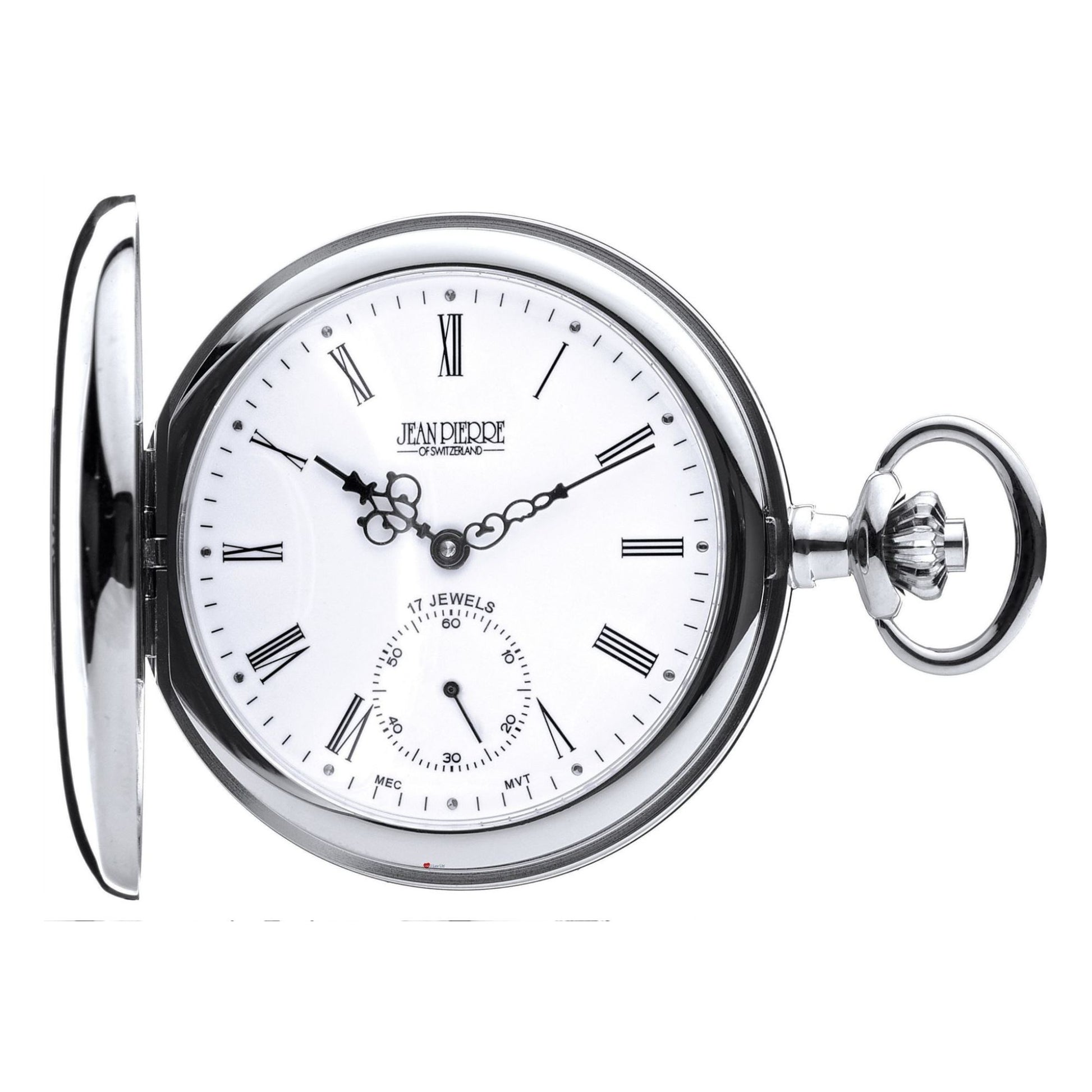 Silver pocket watch with white face and Roman numerals on a white background