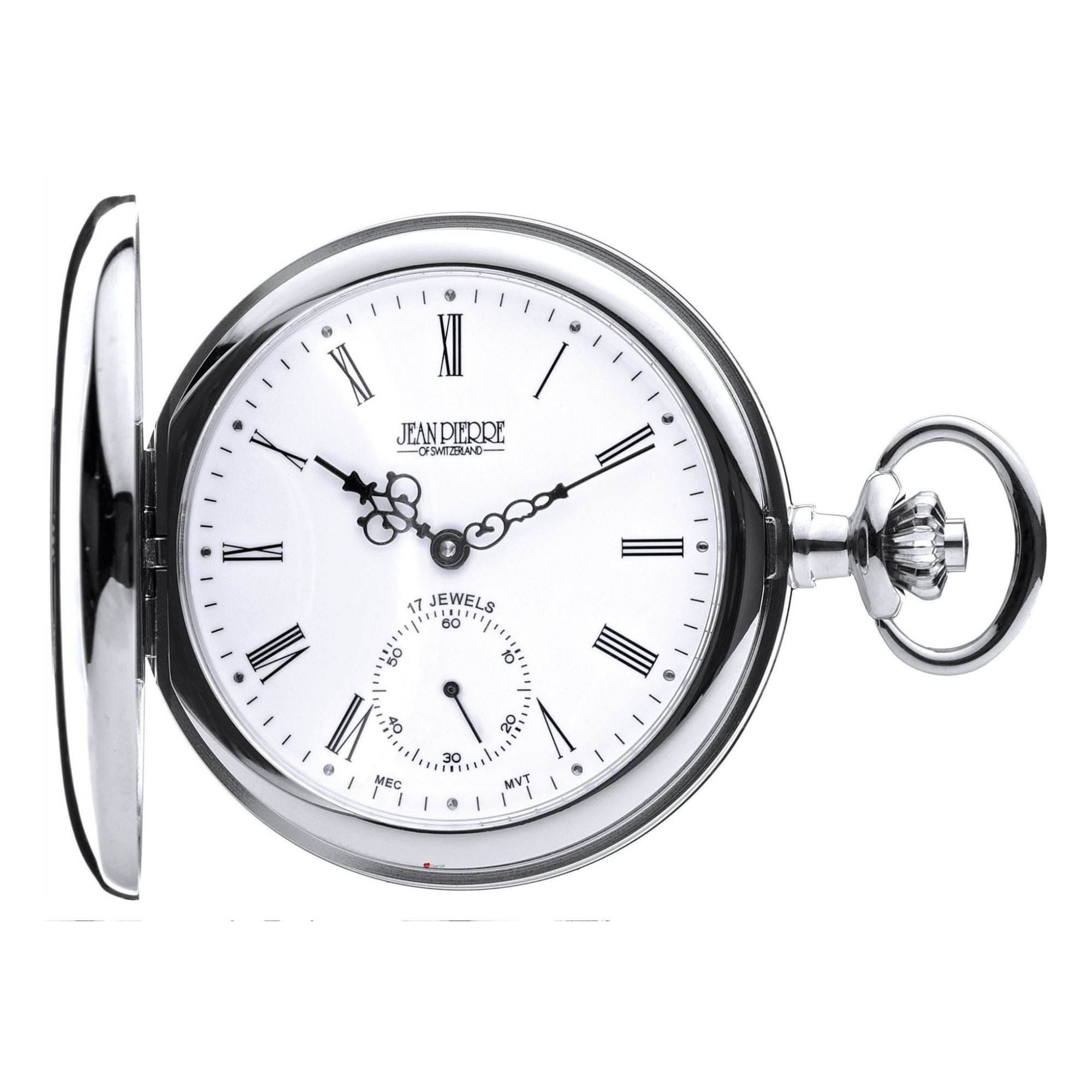 Silver pocket watch with white face and Roman numerals on a white background