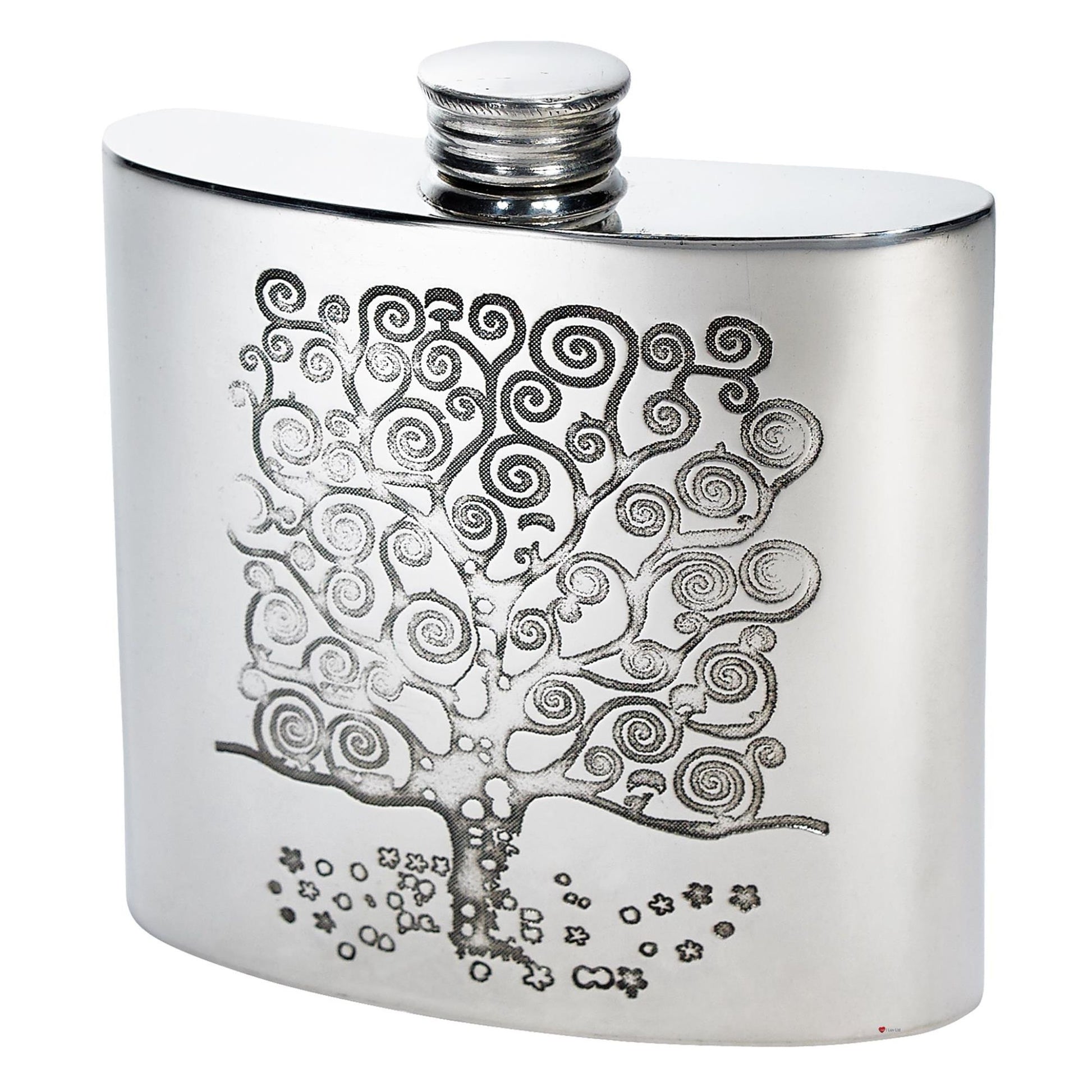 Silver hip flask with tree design on a white background