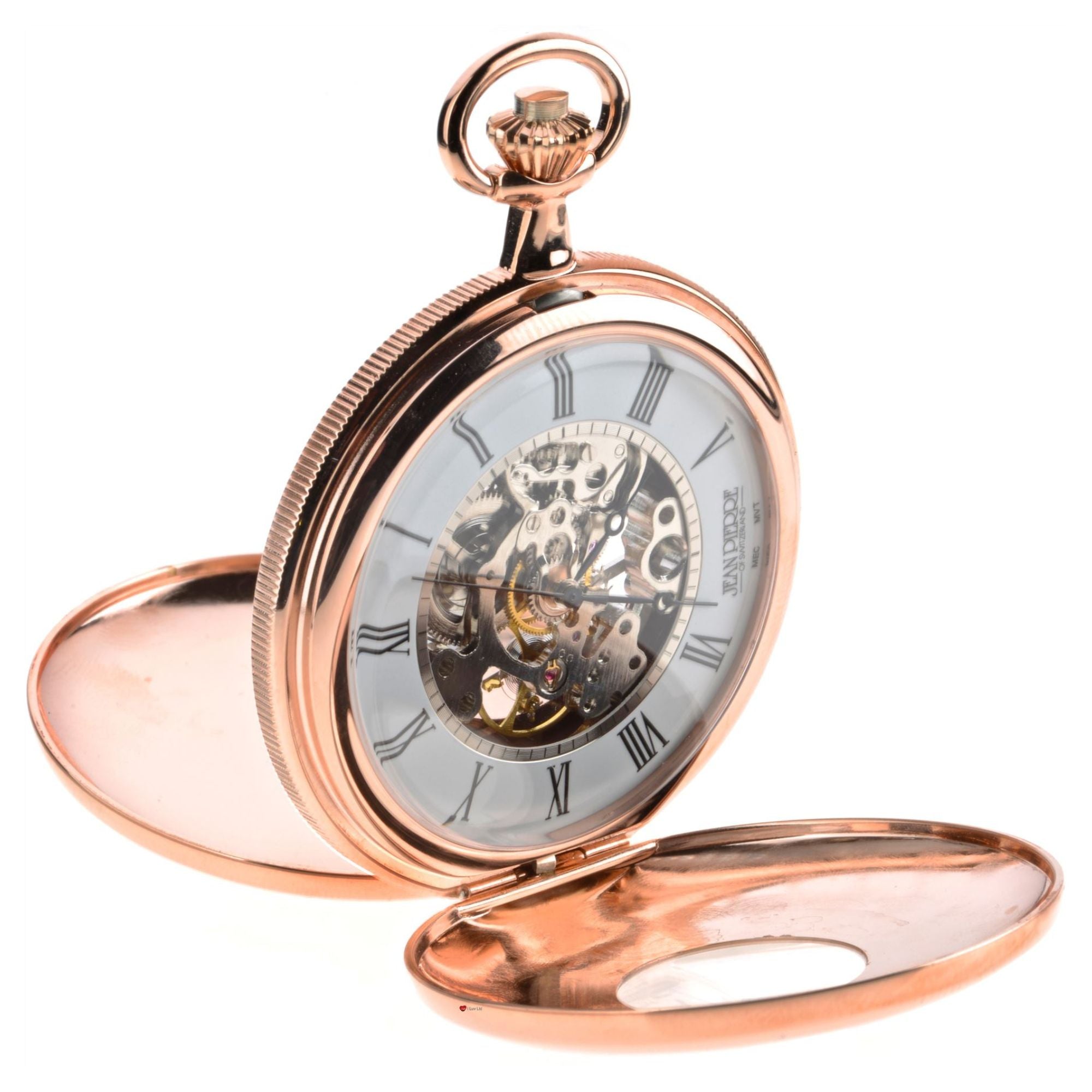 Rose gold pocket watch with open face on a white background