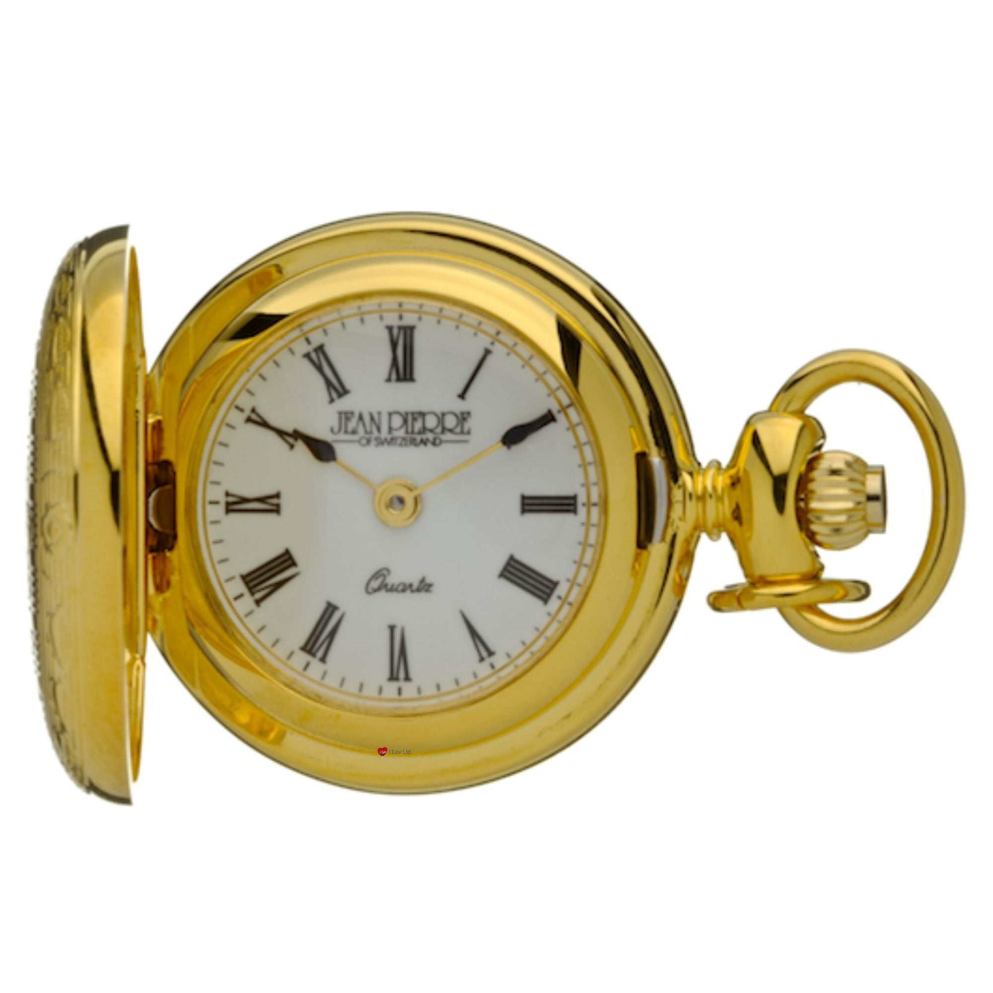 Gold pocket watch with white face and Roman numerals on a white background