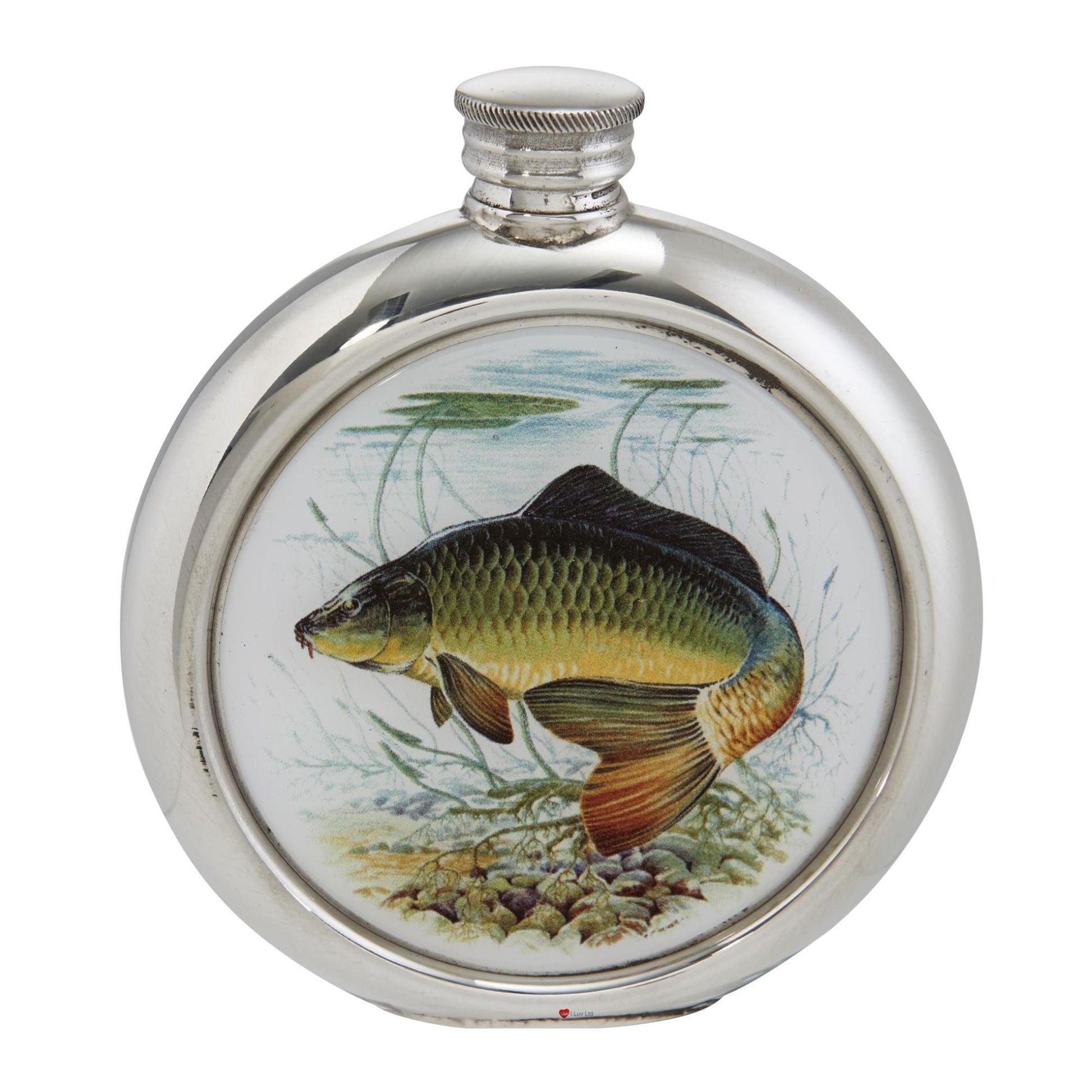 Round silver flask with a fish design on a white background