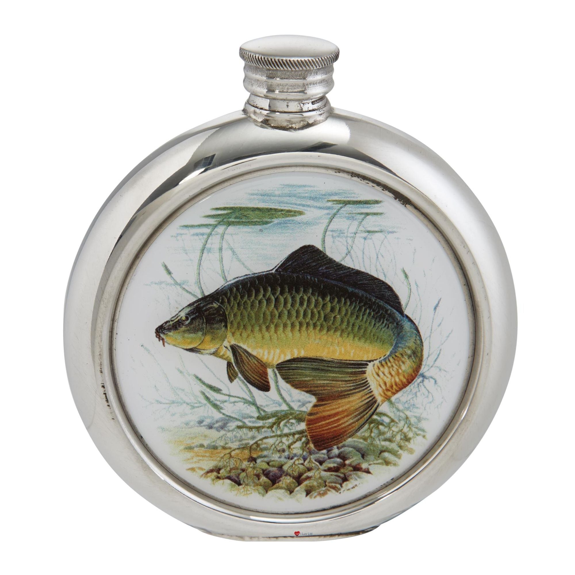 Round silver flask with a fish design on a white background