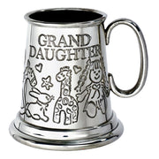Silver tankard with engraved designs and 'Granddaughter' text on a white background