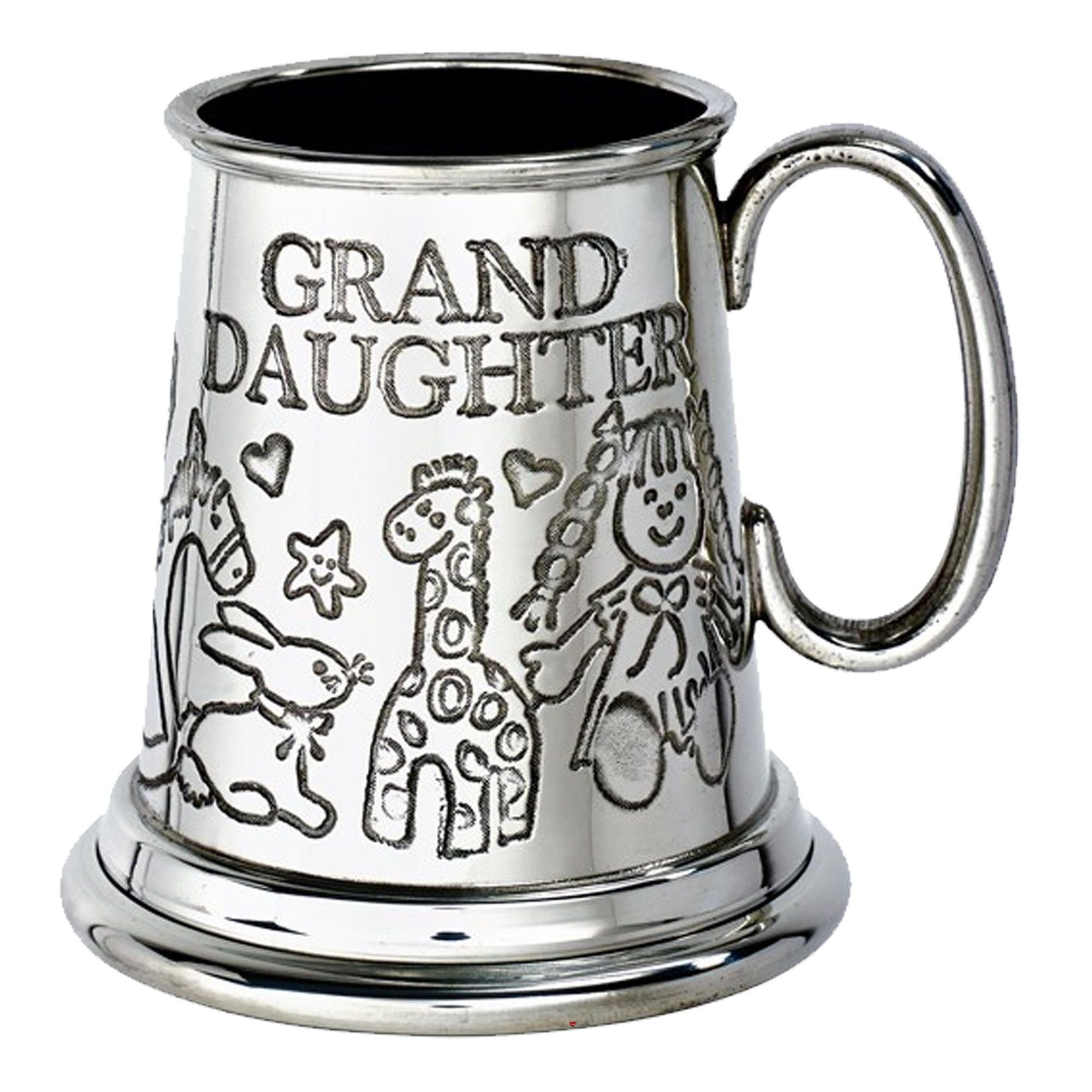 Silver tankard with engraved designs and 'Granddaughter' text on a white background