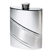 Stainless steel hip flask with a white background