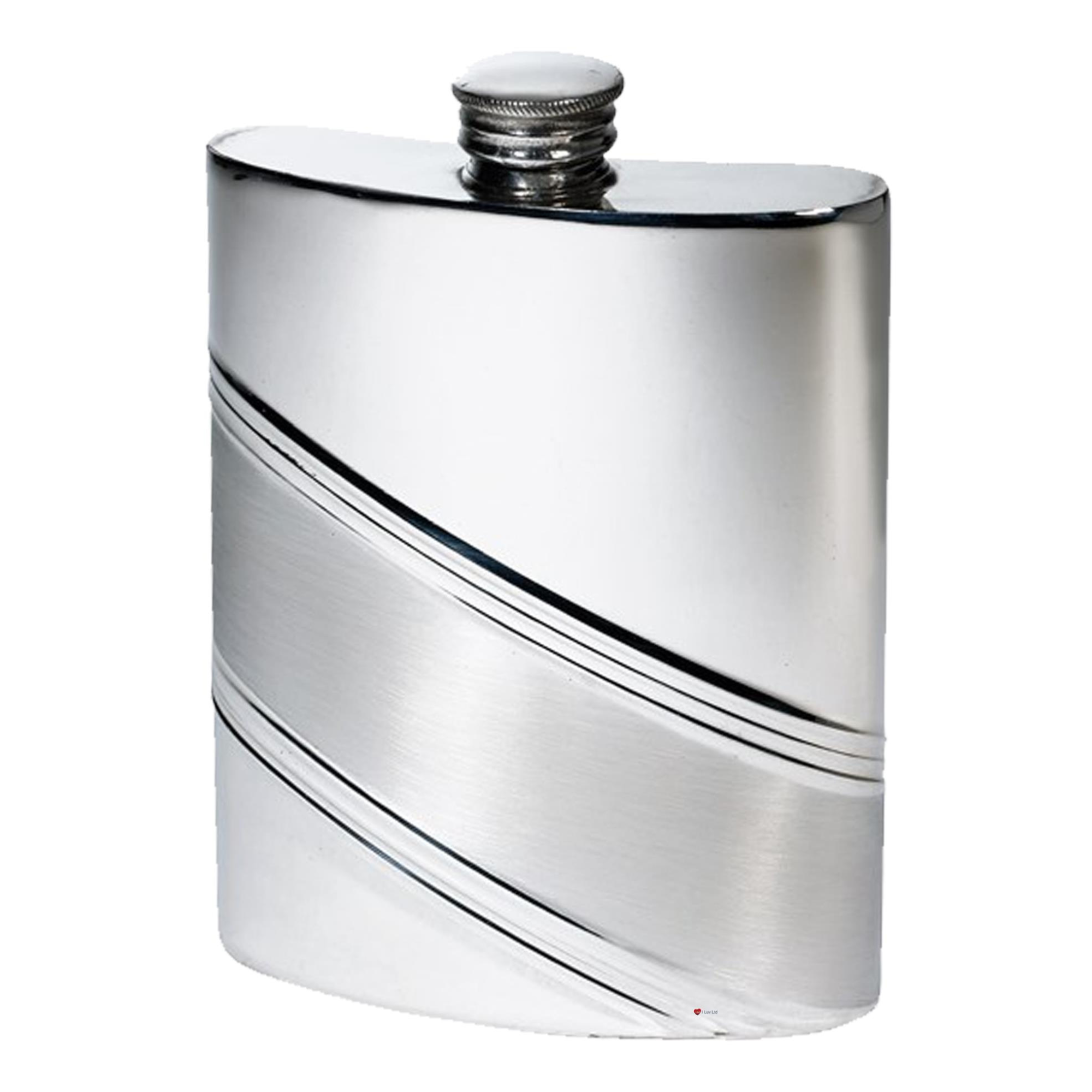Stainless steel hip flask with a white background