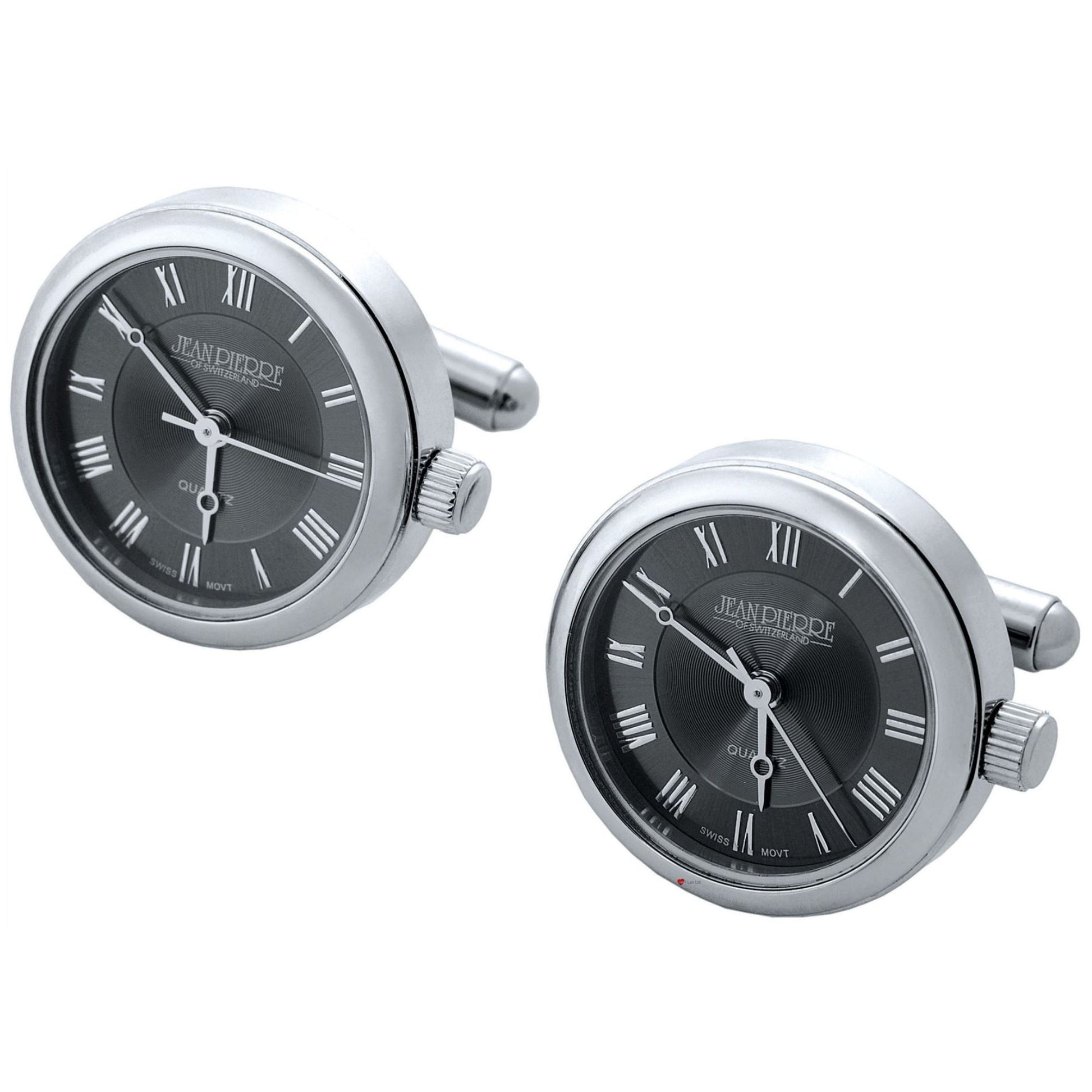 Pair of silver watch cufflinks with black faces and Roman numerals on a white background.