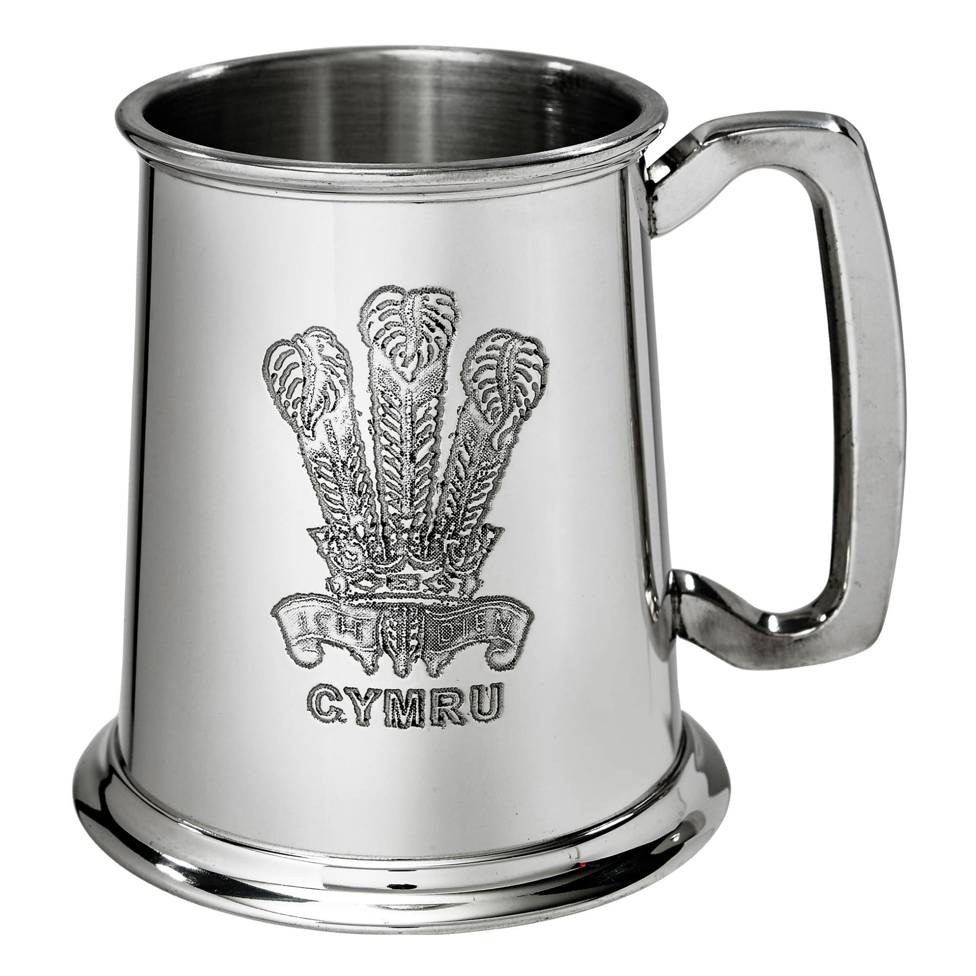 Silver tankard with engraved emblem and 'Cymru' text on a white background
