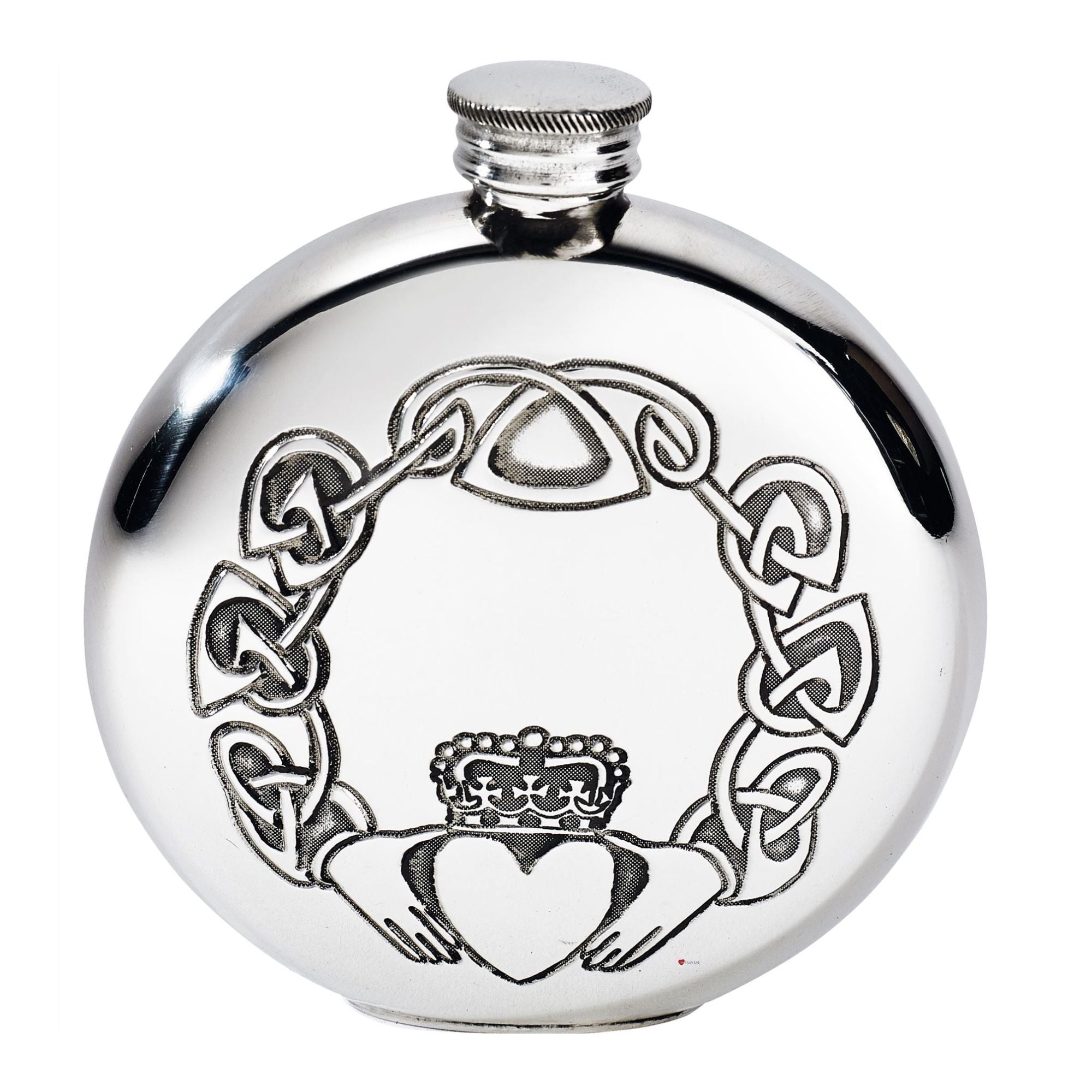 Silver flask with Claddagh design on a white background
