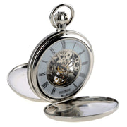 Silver pocket watch with open face on a white background