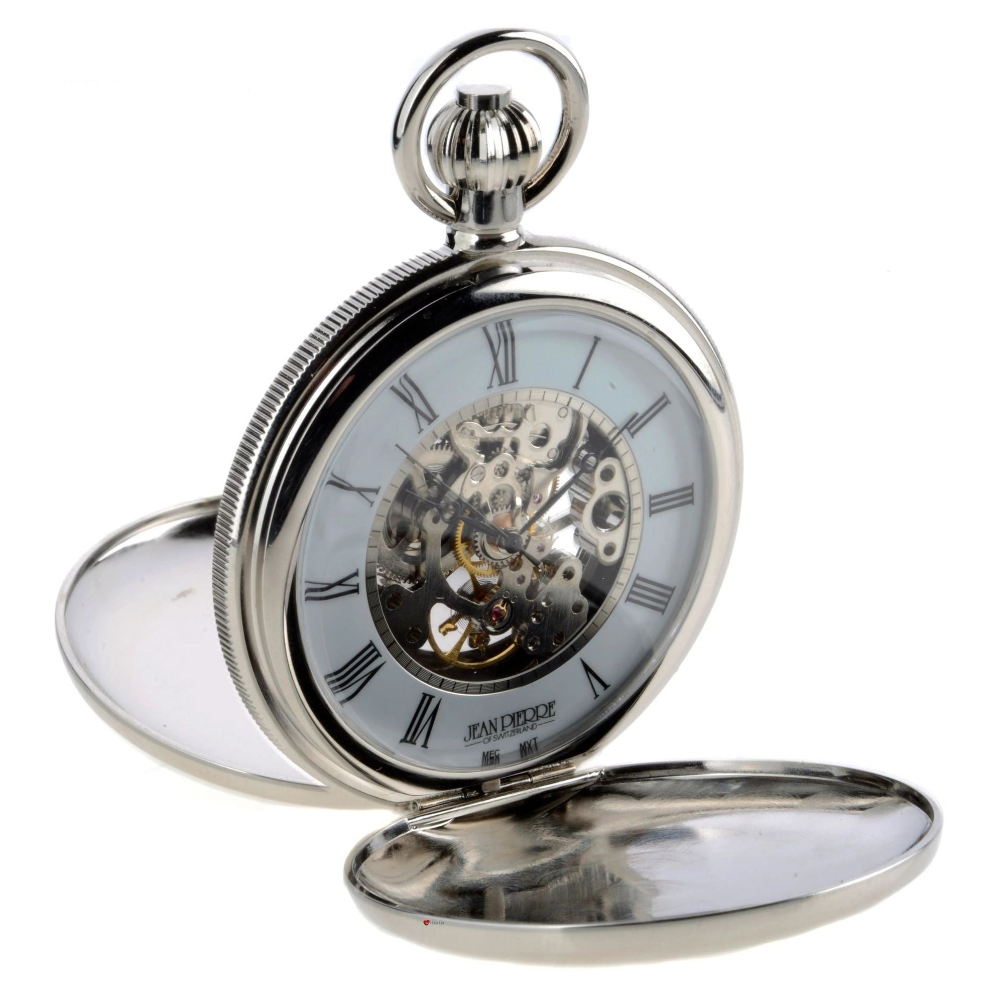 Silver pocket watch with open face on a white background