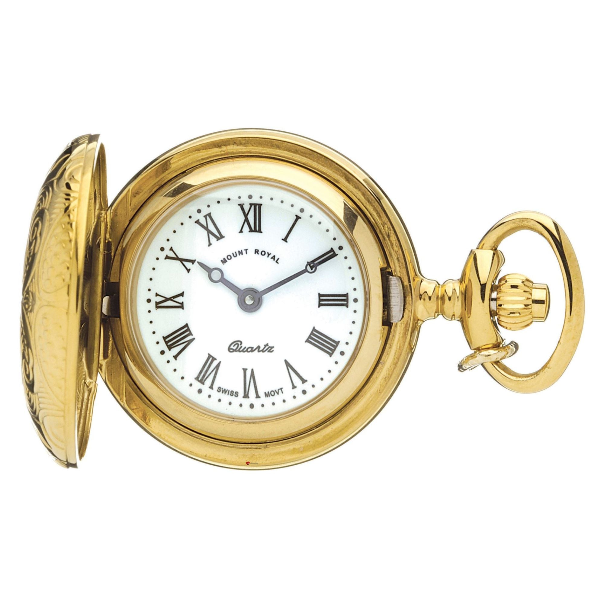 Gold pocket watch with white face and Roman numerals on a white background