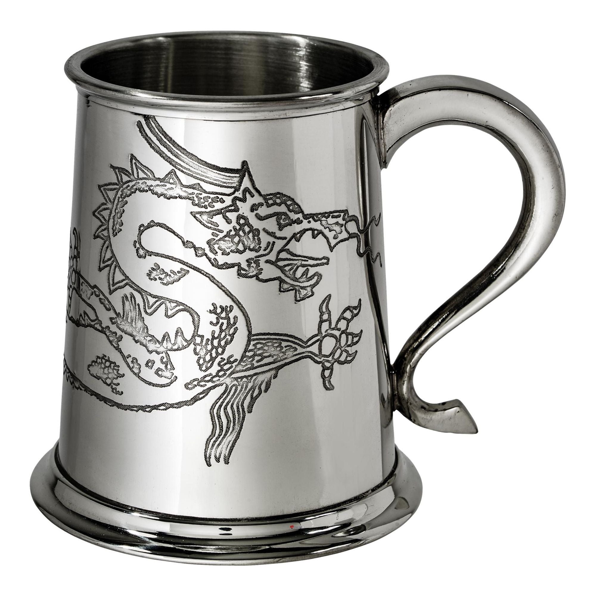 Silver tankard with dragon design on a white background