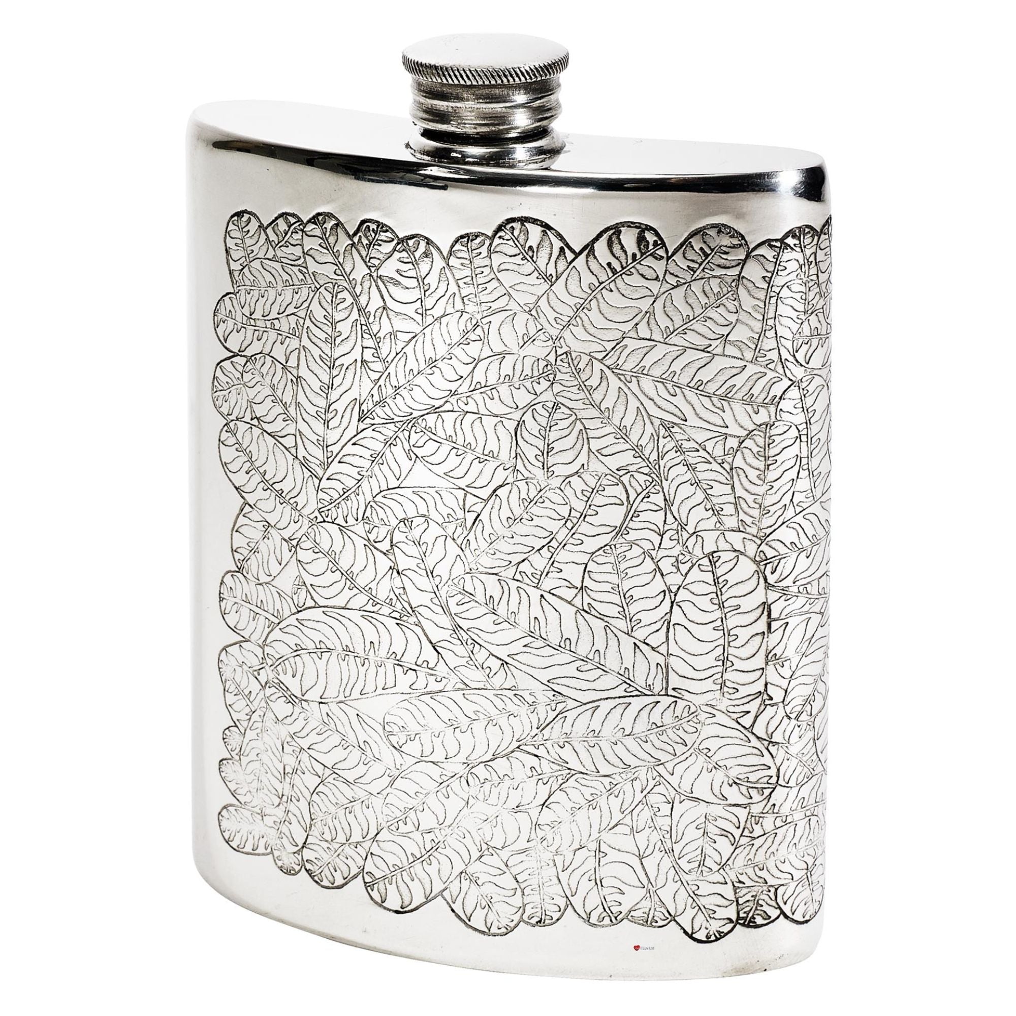 Silver hip flask with leaf pattern on a white background