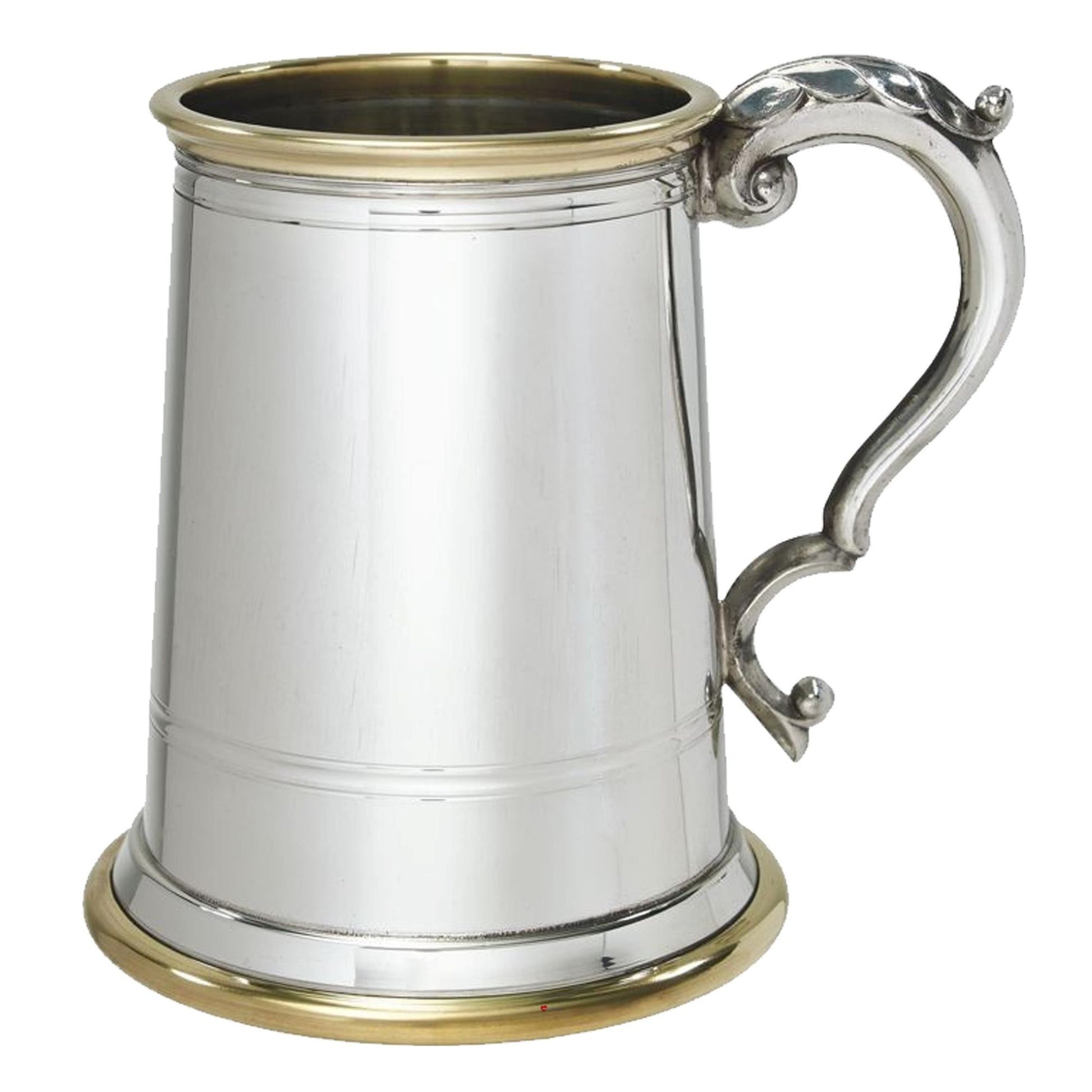 Silver tankard with a decorative handle on a white background
