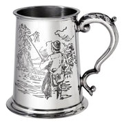 Pewter Tankard 1 Pint Fishing Scenes on Both Sides and Antique Handle