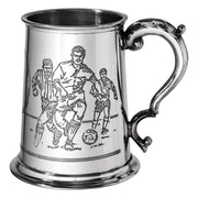 Pewter Tankard 1 Pint with Soccer Scenes on Both Sides and Antique Handle